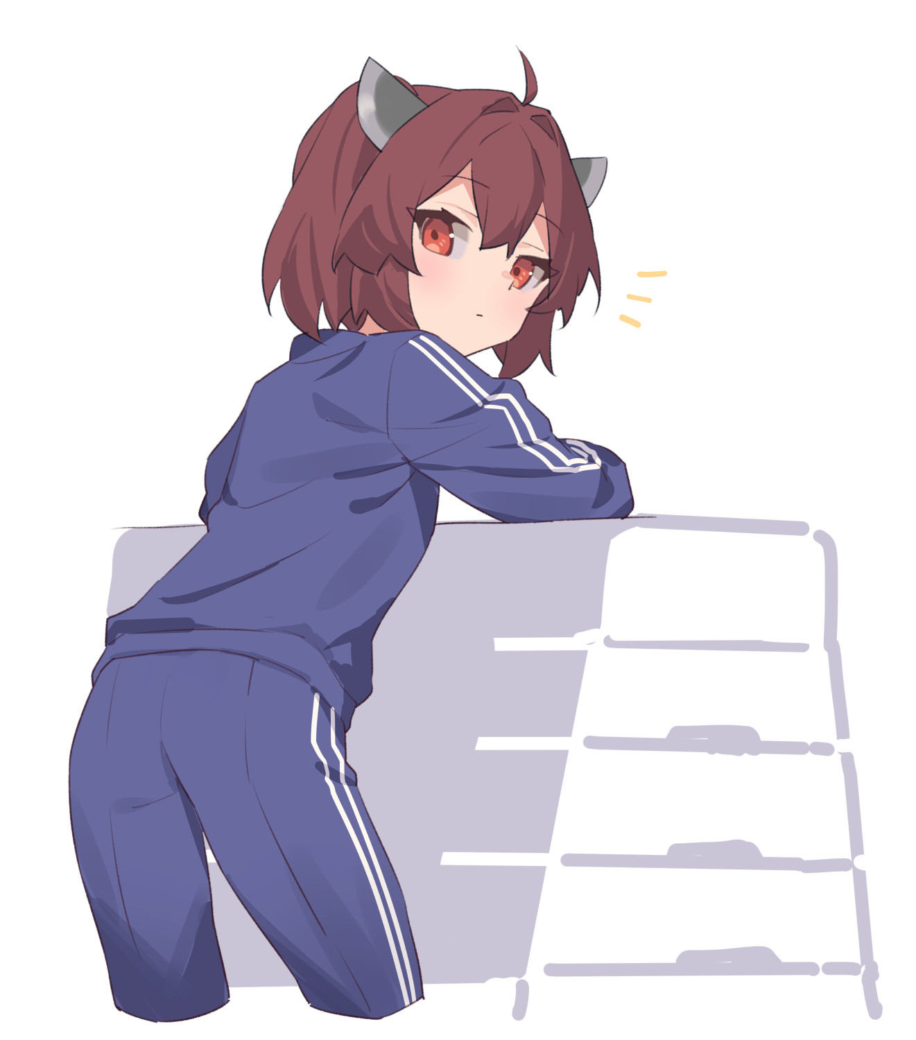 yamamomo (plank), touhoku kiritan, voiceroid, highres, 1girl, ahoge, brown hair, expressionless, headgear, jacket, looking at viewer, looking back, pants, red eyes, short hair, solo, track jacket, track pants