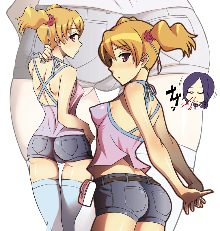 enoshima iki, higashi setsuna, momozono love, fresh precure!, precure, 00s, 2girls, ass, blood, breasts, brown hair, casual, covered erect nipples, crossed legs, huge ass, multiple girls, nipples, nosebleed, puffy nipples, red eyes, shorts, small breasts, thigh gap, thighhighs, watson cross, yuri