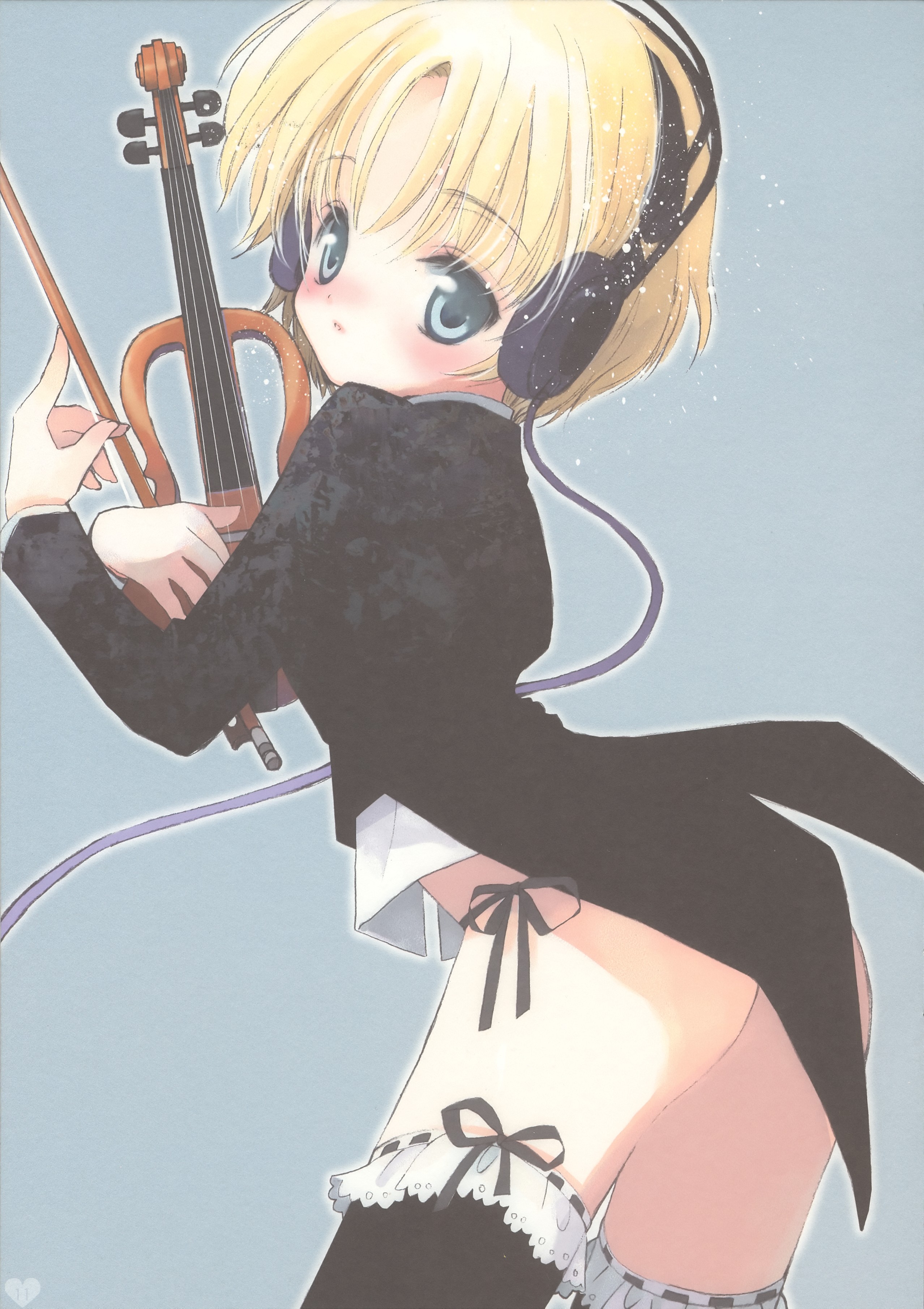 hato rami, absurdres, highres, 1girl, ass, black thighhighs, blonde hair, blue eyes, bottomless, electric violin, female focus, headphones, instrument, panties, ribbon-trimmed legwear, ribbon trim, short hair, side-tie panties, solo, thighhighs, thong, underwear, violin