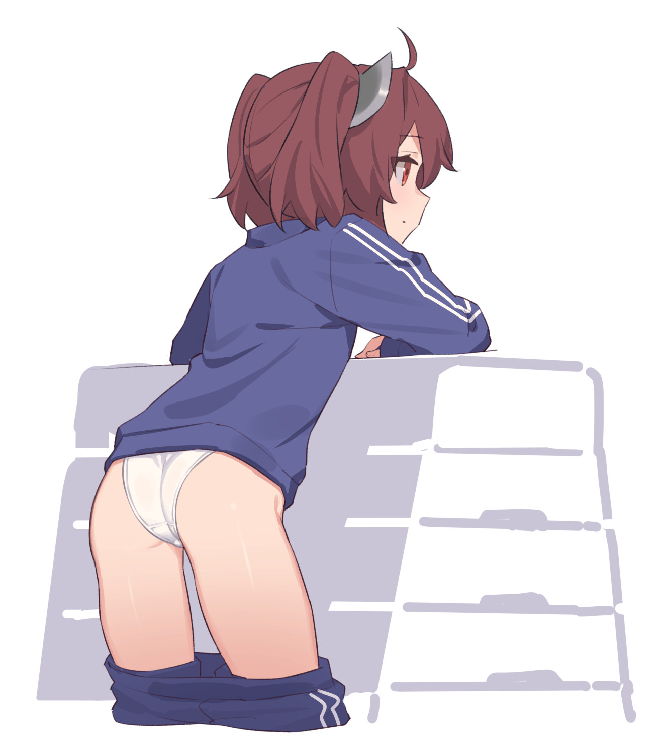 yamamomo (plank), touhoku kiritan, voiceroid, highres, 1girl, ahoge, ass, brown hair, clothes pull, crotch seam, headgear, jacket, panties, pants, pants pull, profile, red eyes, short hair, solo, track jacket, track pants, underwear, white panties