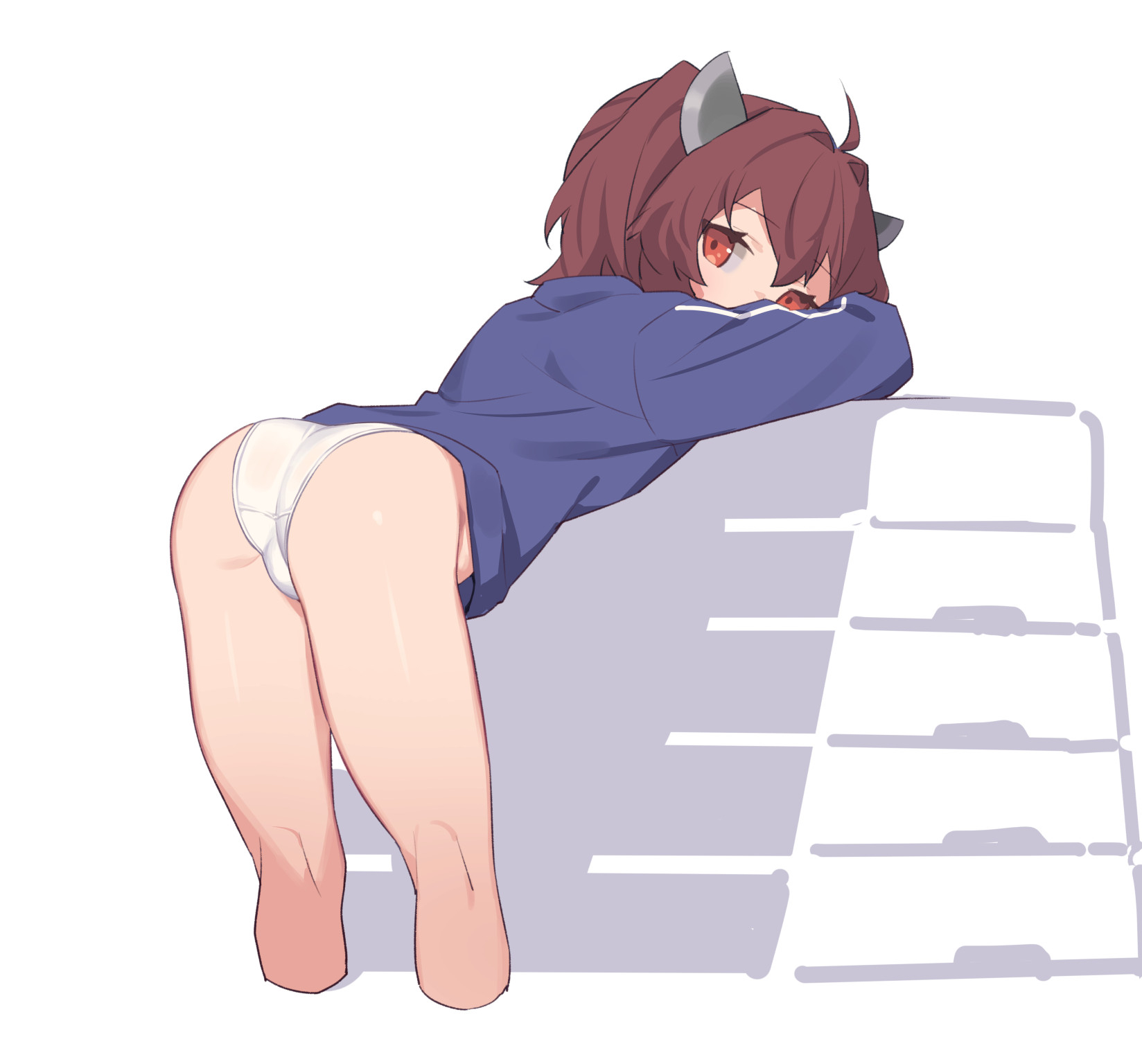 yamamomo (plank), touhoku kiritan, voiceroid, highres, 1girl, ahoge, ass, bent over, brown hair, crotch seam, headgear, jacket, looking at viewer, no pants, panties, pants, red eyes, short hair, solo, track jacket, track pants, underwear, white panties