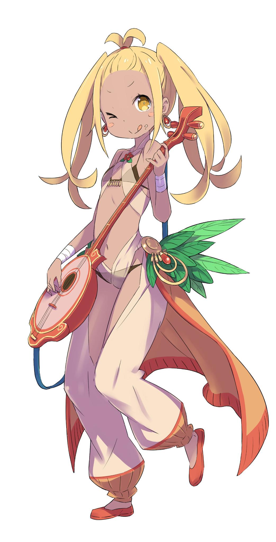 ootsuka shin'ichirou, liliana masquerade, re:zero kara hajimeru isekai seikatsu, highres, > o, 1girl, bandaged wrist, bandages, bangs pinned back, banjo, bard, bare shoulders, bikini, black bikini, blonde hair, blush, breasts, closed mouth, clothing cutout, crotchless, crotchless pants, dark-skinned female, dark skin, dress, earrings, flat chest, flats, forehead, full body, halterneck, harem outfit, holding, holding instrument, instrument, jewelry, leaf, leg up, licking lips, long hair, looking at viewer, navel, one eye closed, orange shoes, pants, see-through clothes, shoes, smile, solo, standing, standing on one leg, swimsuit, thigh cutout, tongue, tongue out, twintails, v-shaped eyebrows, white pants, yellow eyes