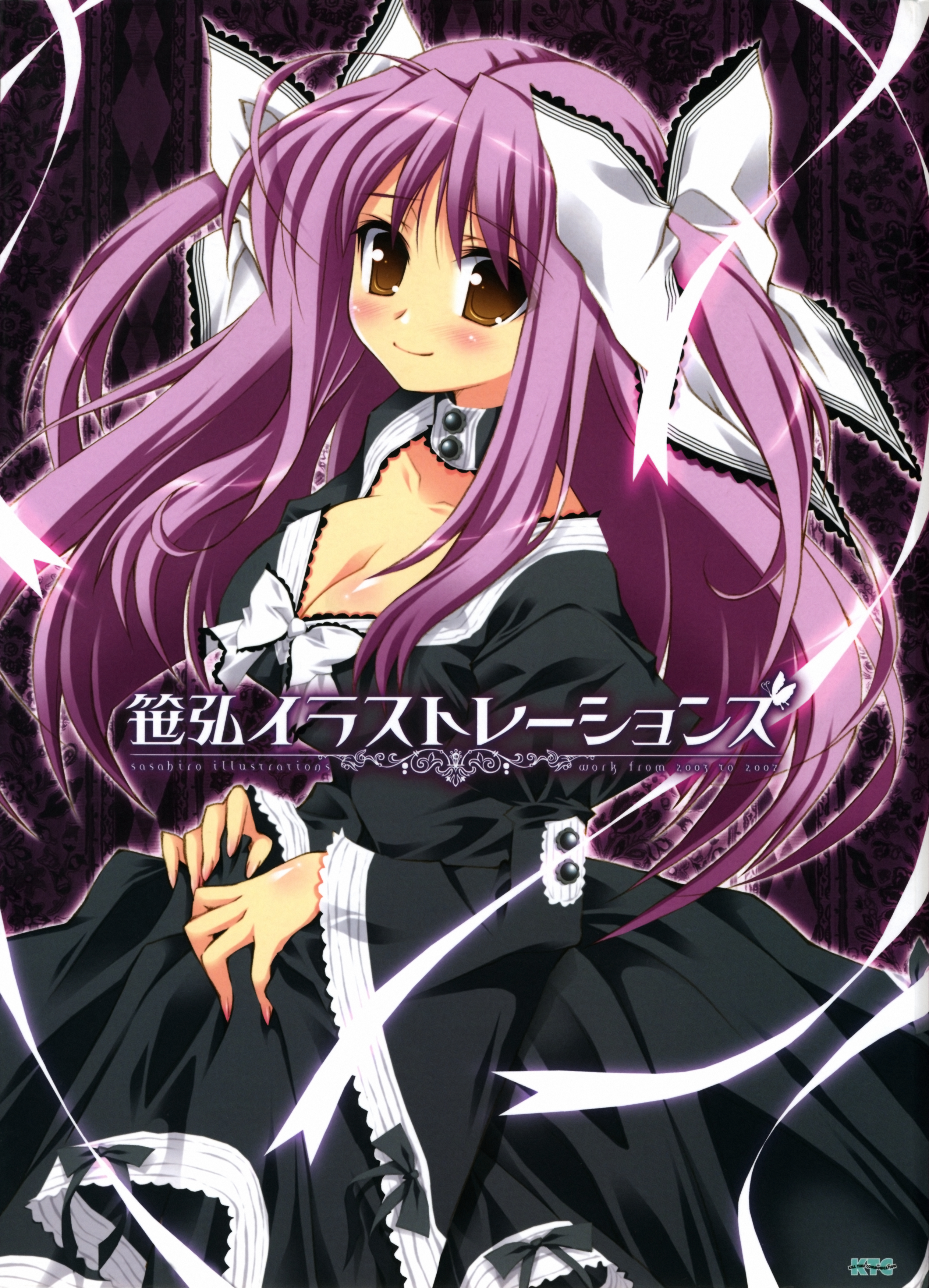 sasahiro, original, absurdres, highres, 1girl, breasts, cleavage, dress, female focus, large breasts, long hair, purple hair, ribbon, solo, twintails