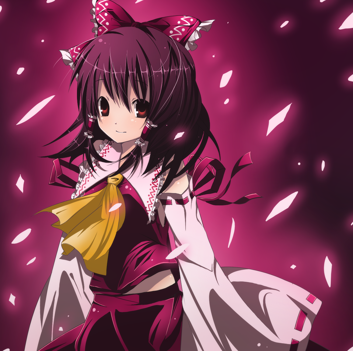 rairateru, hakurei reimu, touhou, bad id, bad pixiv id, 1girl, bow, brown hair, detached sleeves, female focus, gradient background, hair bow, japanese clothes, miko, red eyes, skirt, solo
