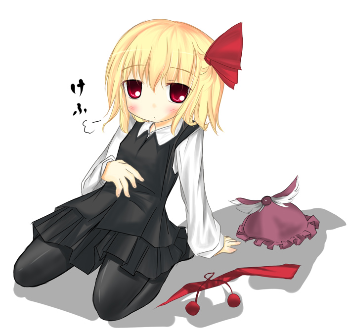 arisato, mystia lorelei, rumia, touhou, 1girl, bad end, blonde hair, burp, female focus, hair ribbon, hand on own stomach, hat, kneeling, pantyhose, red eyes, ribbon, short hair, solo, vore