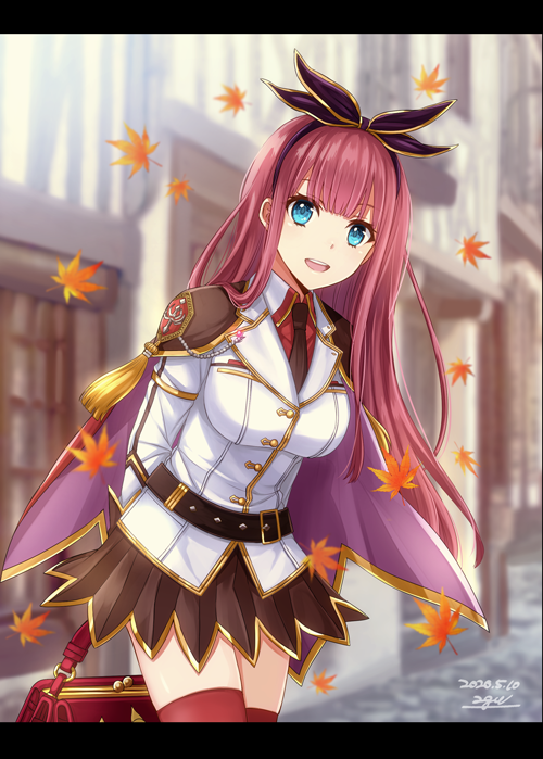 20nigu, genetic (ragnarok online), ragnarok online, commentary request, 1girl, arms behind back, bag, blazer, blue eyes, blurry, blurry background, bow, bow hairband, breasts, brown bow, brown cape, brown hairband, brown necktie, brown skirt, cape, collared shirt, cowboy shot, dated, falling leaves, hairband, holding, holding bag, house, jacket, leaf, leaning forward, letterboxed, long hair, looking at viewer, maple leaf, medium breasts, miniskirt, necktie, official alternate costume, open mouth, outdoors, pink hair, purple cape, red shirt, red thighhighs, shirt, skirt, smile, solo, thighhighs, two-sided cape, two-sided fabric, white jacket