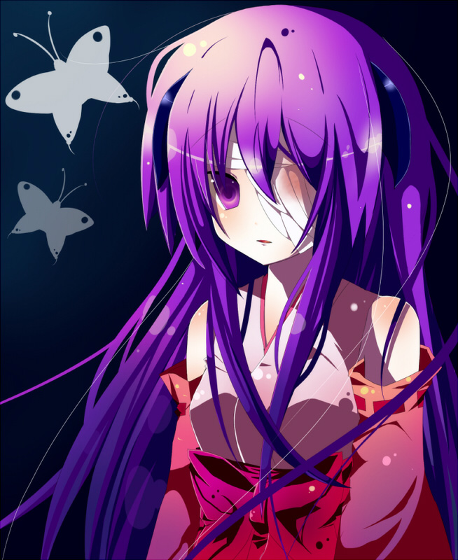rairateru, hanyuu, higurashi no naku koro ni, bad id, bad pixiv id, 00s, 1girl, bandage over one eye, bandages, blood, bug, butterfly, detached sleeves, female focus, hakama, hakama skirt, horns, insect, japanese clothes, long hair, purple eyes, purple hair, red hakama, skirt, solo