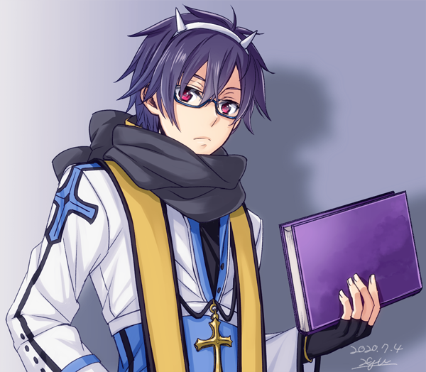 20nigu, arch bishop (ragnarok online), ragnarok online, commentary request, 1boy, black-framed eyewear, black gloves, black scarf, blue coat, book, closed mouth, coat, cropped jacket, dated, expressionless, fingerless gloves, glasses, gloves, grey background, hair between eyes, holding, holding book, jacket, long sleeves, looking at viewer, male focus, purple hair, red eyes, scarf, short hair, solo, upper body, white jacket