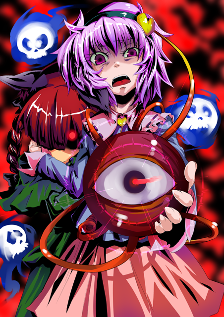 u.sa, kaenbyou rin, komeiji satori, touhou, 2girls, animal ears, braid, cat ears, cat girl, female focus, glowing, glowing eyes, hair ribbon, hairband, heart, multiple girls, purple eyes, purple hair, red eyes, red hair, ribbon, short hair, skull