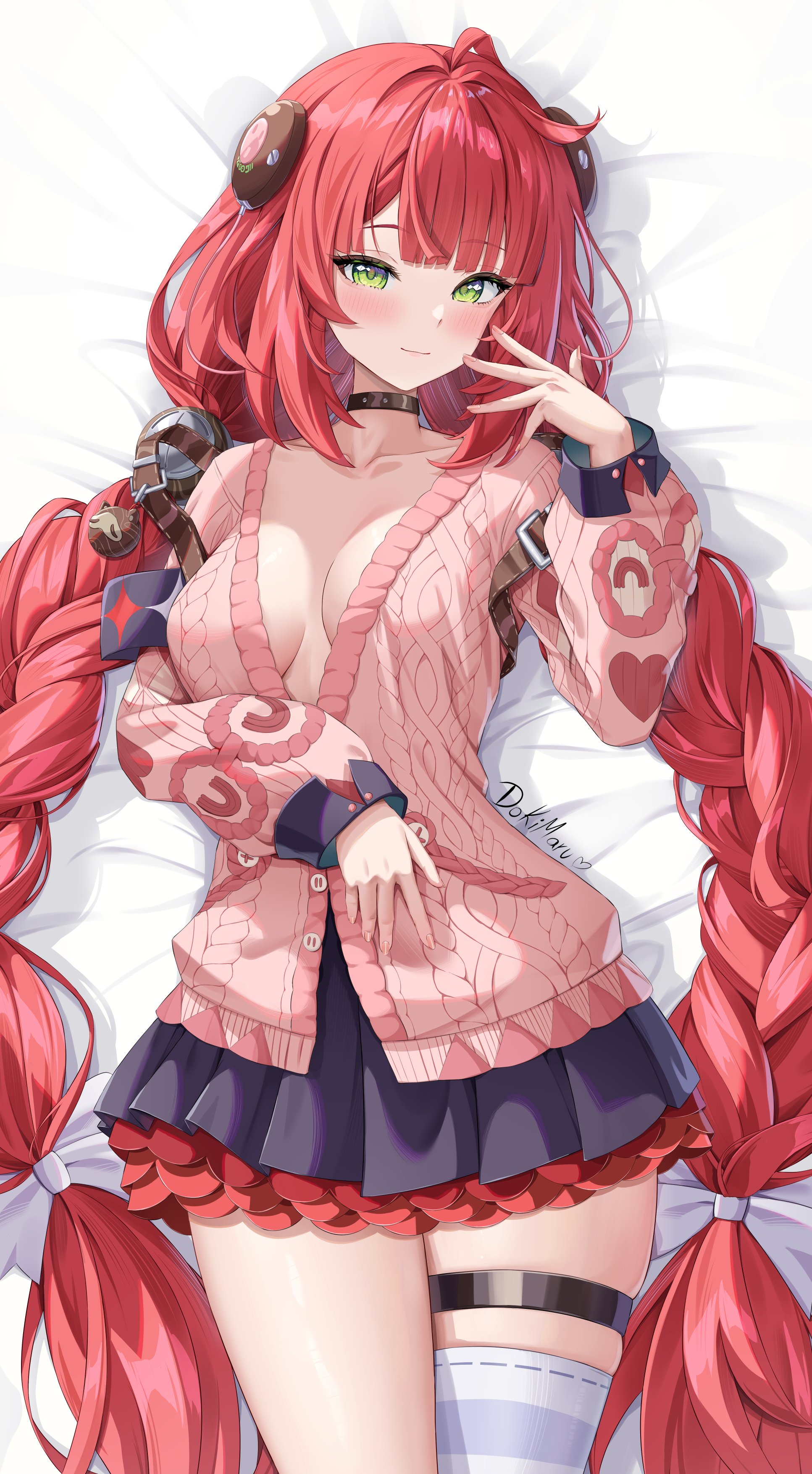 dokimaru, ukinami yuzuha, zenless zone zero, absurdres, highres, 1girl, black choker, black skirt, blush, bow, braid, braided twintails, breasts, cardigan, choker, closed mouth, dakimakura (medium), green eyes, hair bow, hair ornament, hand on own stomach, hand up, long hair, long sleeves, looking at viewer, lying, medium breasts, on back, pink cardigan, red hair, single thighhigh, skirt, smile, solo, sphere hair ornament, striped clothes, striped thighhighs, thigh strap, thighhighs, white bow