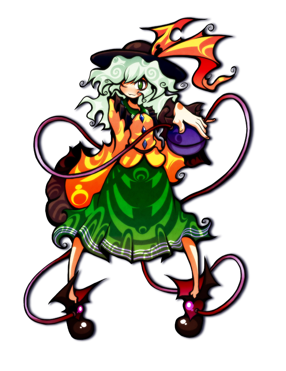 ichi (ichikai), komeiji koishi, touhou, highres, 1girl, female focus, full body, green eyes, hat, one eye closed, simple background, skirt, solo, white background, wink