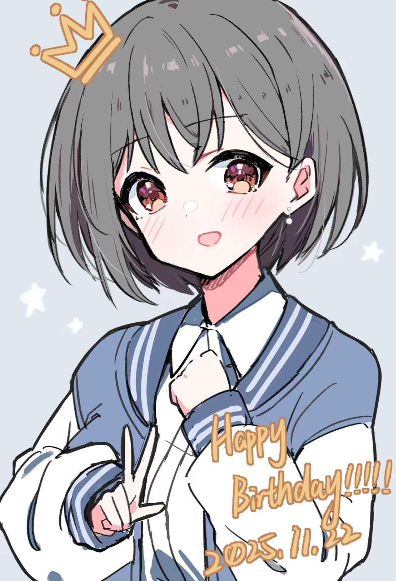 zhong xiansheng, takamatsu tomori, bang dream!, bang dream! it's mygo!!!!!, commentary, english commentary, highres, 1girl, blue jacket, blush, brown eyes, collared shirt, dated, drawn crown, dress shirt, earrings, grey background, grey hair, happy birthday, jacket, jewelry, long hair, long sleeves, open clothes, open jacket, open mouth, shirt, short hair, simple background, single earring, smile, solo, upper body, w, white shirt