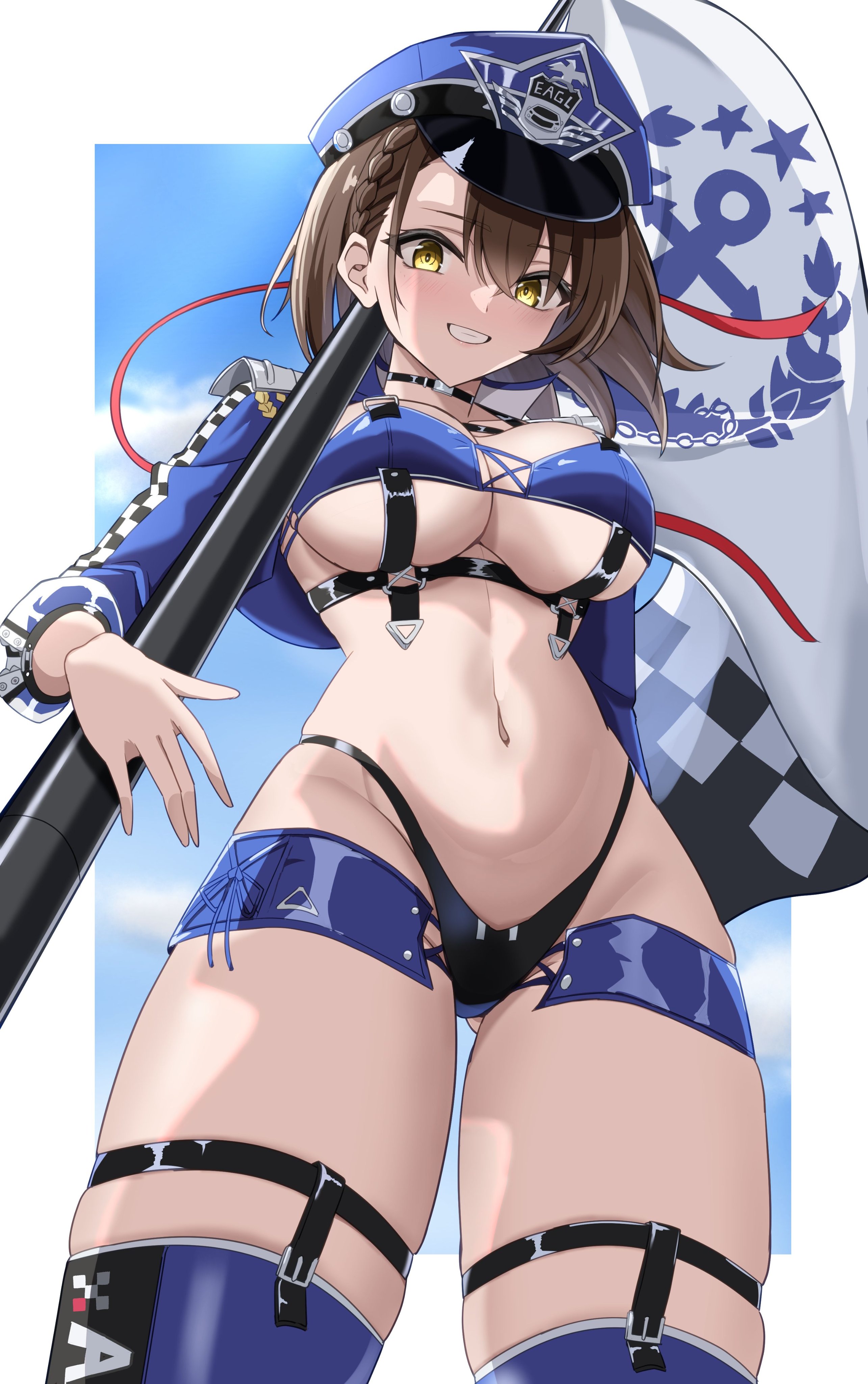 joo0nnvrppoxqeo, baltimore (azur lane), baltimore (finish line flagbearer) (azur lane), azur lane, absurdres, highres, 1girl, bikini, blue bikini, blue hat, braid, braided bangs, breasts, brown hair, chest harness, clothing cutout, cropped jacket, flag, from below, harness, hat, highleg, highleg bikini, holding, holding pole, looking at viewer, micro shorts, mismatched bikini, official alternate costume, peaked cap, pole, race queen, shorts, smile, solo, swimsuit, teeth, underboob, underboob cutout, yellow eyes