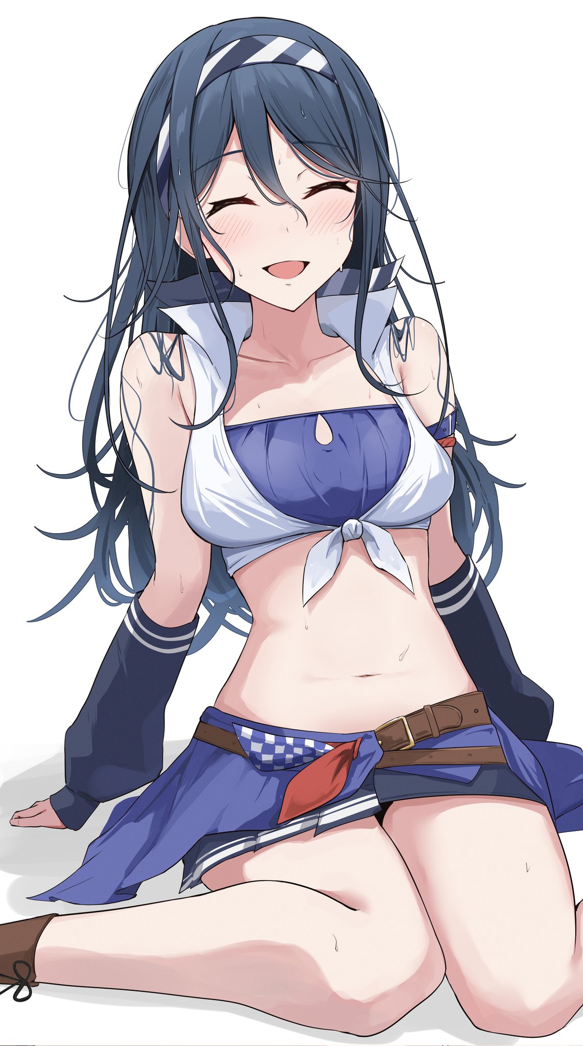kunizaki, hoshino ichika (project sekai), project sekai, commentary, corrupted twitter file, highres, 1girl, :d, ^ ^, arm belt, arm support, arm warmers, bandeau, batsubyou (vocaloid), belt, black arm warmers, black hair, black skirt, blue bandeau, blue belt, blush, boots, breasts, brown belt, brown boots, cleavage cutout, closed eyes, clothes around waist, clothing cutout, collarbone, cropped shirt, dot nose, facing viewer, feet out of frame, hair between eyes, hairband, half-skirt, long hair, long sidelocks, medium breasts, miniskirt, navel, open mouth, shadow, shirt, sidelocks, simple background, sitting, skirt, sleeveless, sleeveless shirt, smile, solo, stomach, striped clothes, striped hairband, thighs, tied shirt, wariza, wet, wet hair, white background, white shirt