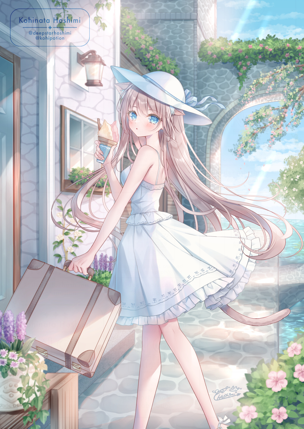 kohinata hoshimi, original, commentary request, highres, 1girl, animal ears, artist name, bare arms, bare shoulders, blue eyes, blue ribbon, brown hair, cat ears, cat girl, cat tail, day, dress, feet out of frame, food, frilled dress, frills, hat, hat ribbon, holding, holding food, holding ice cream, holding suitcase, ice cream, long hair, looking at viewer, outdoors, ribbon, sleeveless, sleeveless dress, standing, suitcase, sun hat, sundress, tail, watermark, white dress, white hat
