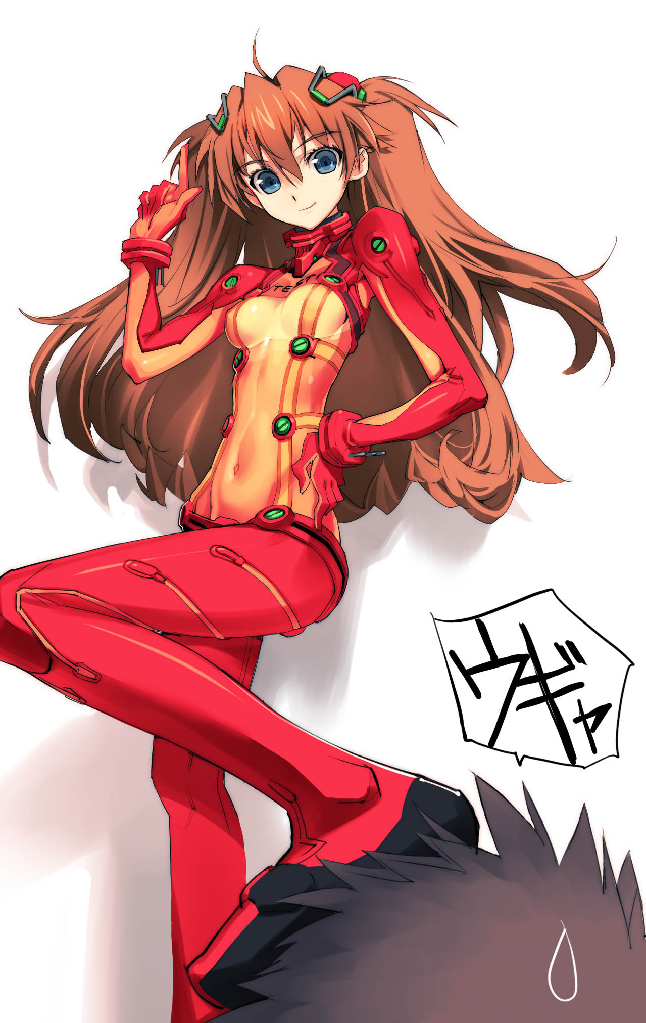 sanbasou, souryuu asuka langley, neon genesis evangelion, rebuild of evangelion, bad id, bad pixiv id, highres, 00s, 1boy, 1girl, blue eyes, bodysuit, breasts, brown hair, cleavage, female focus, long hair, mecha pilot suit, plugsuit (evangelion), see-through cleavage, see-through clothes, solo, solo focus, test plugsuit (evangelion), very long hair, white background