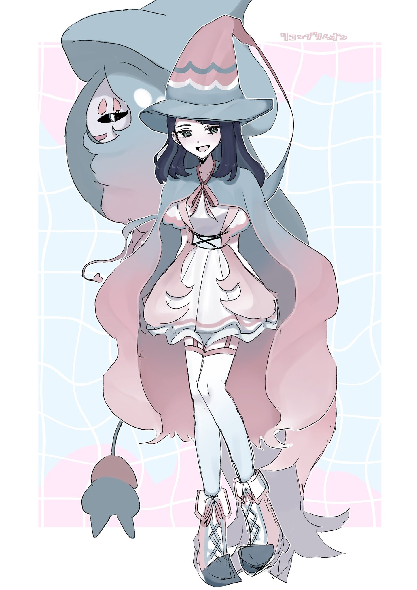 yon (motomu22), hatterene, liko (pokemon), nintendo, pokemon, pokemon (anime), pokemon horizons, highres, 1girl, black hair, black sclera, blue eyes, blue hair, boots, colored sclera, colored skin, cosplay, dress, gen 8 pokemon, hair ornament, hair over one eye, hairclip, hat, hatterene (cosplay), long hair, looking at viewer, multicolored hair, multicolored skin, open mouth, pokemon (creature), short sleeves, smile, thighhighs, two-tone skin, white skin, witch hat