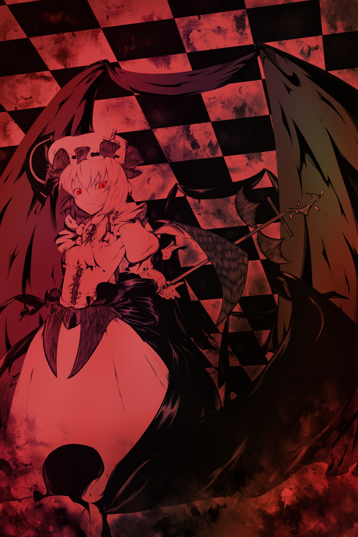 koohee, remilia scarlet, touhou, bad id, bad pixiv id, highres, 1girl, dress, female focus, hat, monochrome, polearm, red eyes, red theme, solo, weapon