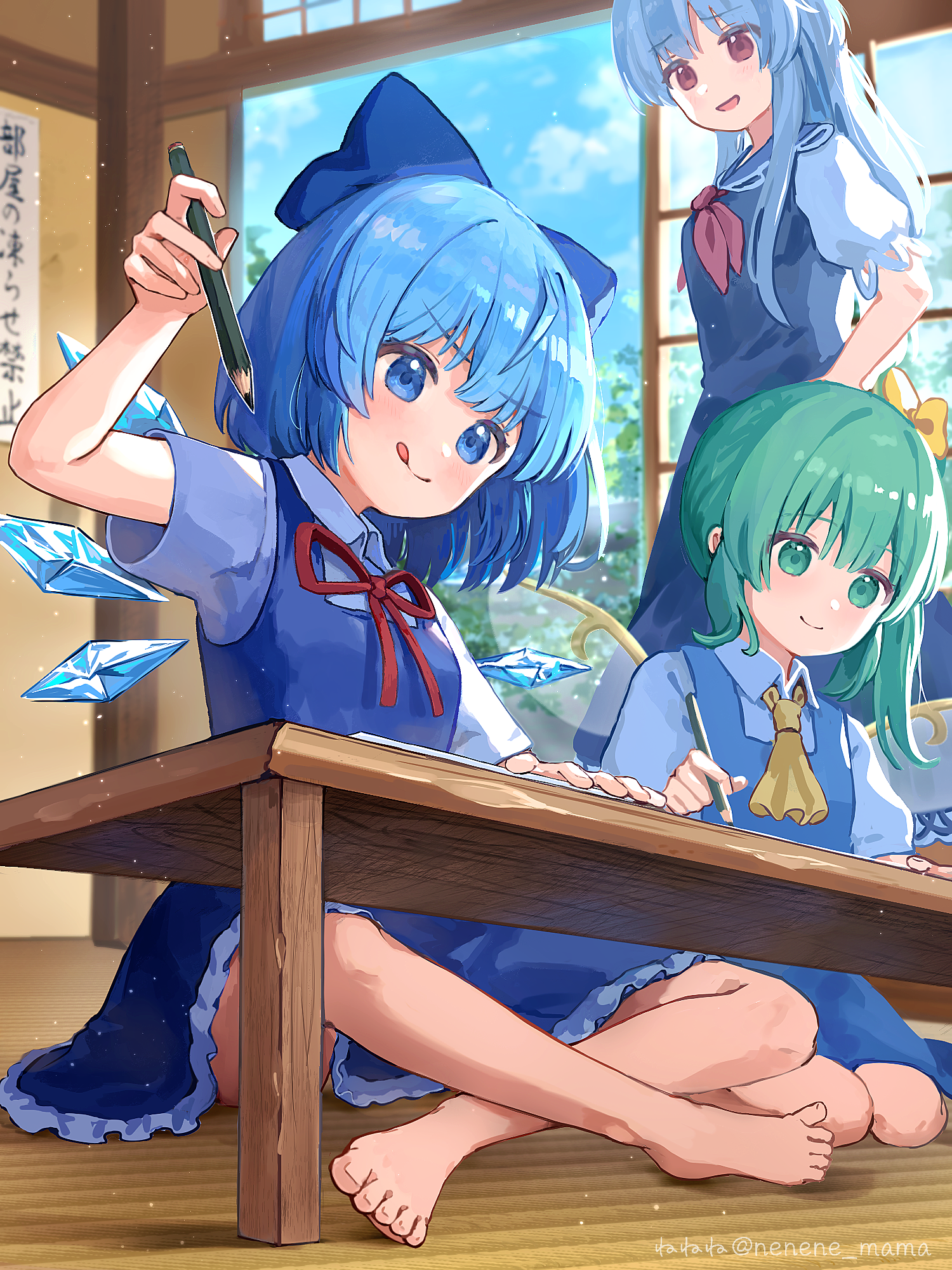 nene man, cirno, daiyousei, kamishirasawa keine, touhou, commentary request, highres, 3girls, :d, :q, ascot, barefoot, blue bow, blue dress, blue eyes, blue hair, blush, bow, closed mouth, collared shirt, day, dress, frilled dress, frills, green eyes, green hair, hair bow, holding, holding pencil, ice, ice wings, indian style, indoors, long hair, multiple girls, neckerchief, open mouth, pencil, pinafore dress, red neckerchief, shirt, short hair, short sleeves, sitting, sleeveless, sleeveless dress, smile, table, tongue, tongue out, white shirt, wings, yellow ascot, yellow bow
