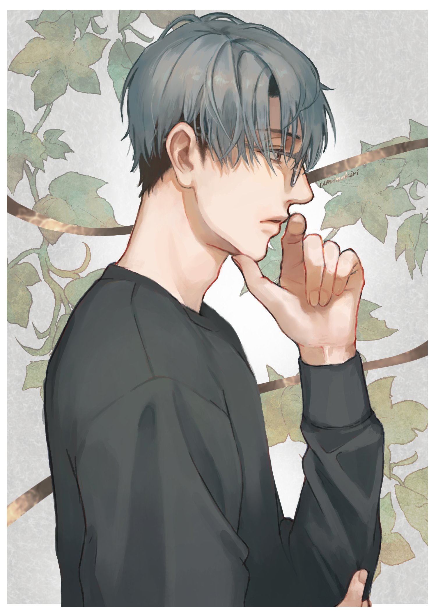 umino kiri, hitotsubashi ayato, nijisanji, highres, 1boy, border, brown eyes, closed mouth, curtained hair, from side, glasses, grey-framed eyewear, grey hair, grey sweater, hand on own chin, hitotsubashi ayato (2nd costume), long sleeves, looking ahead, male focus, plant, profile, short hair, signature, solo, sweater, undercut, upper body, virtual youtuber, white border