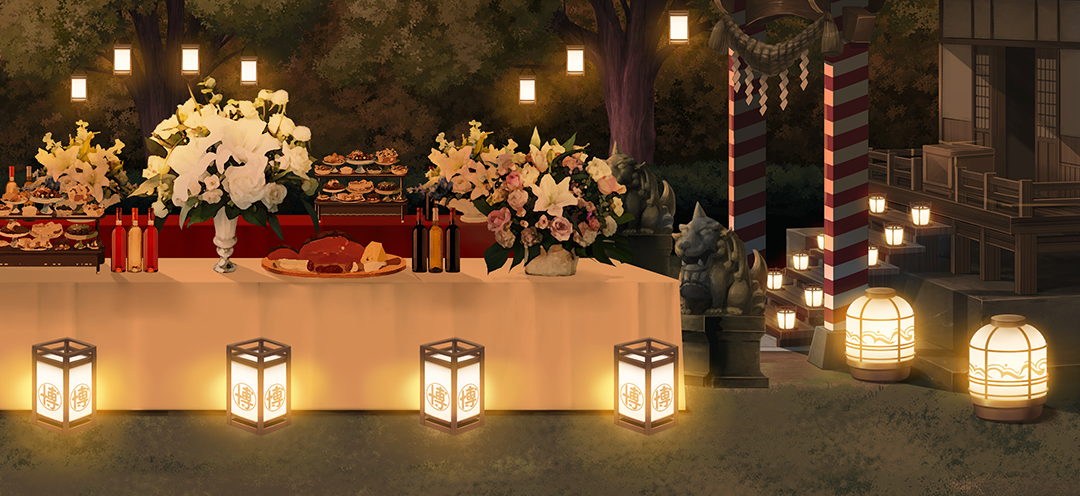 touhou, touhou gensou eclipse, yuuki yuuna wa yuusha de aru, yuuki yuuna wa yuusha de aru: hanayui no kirameki, yuusha de aru, game cg, non-web source, official art, andon, architecture, box, bush, cheese, donation box, east asian architecture, flower, food, glass bottle, hakurei shrine, ham, komainu, lantern, no humans, outdoors, path, plate, purple flower, purple rose, road, rope, rose, scenery, shide, shimenawa, shrine, stairs, stone lantern, tree, twilight, white flower, white rose