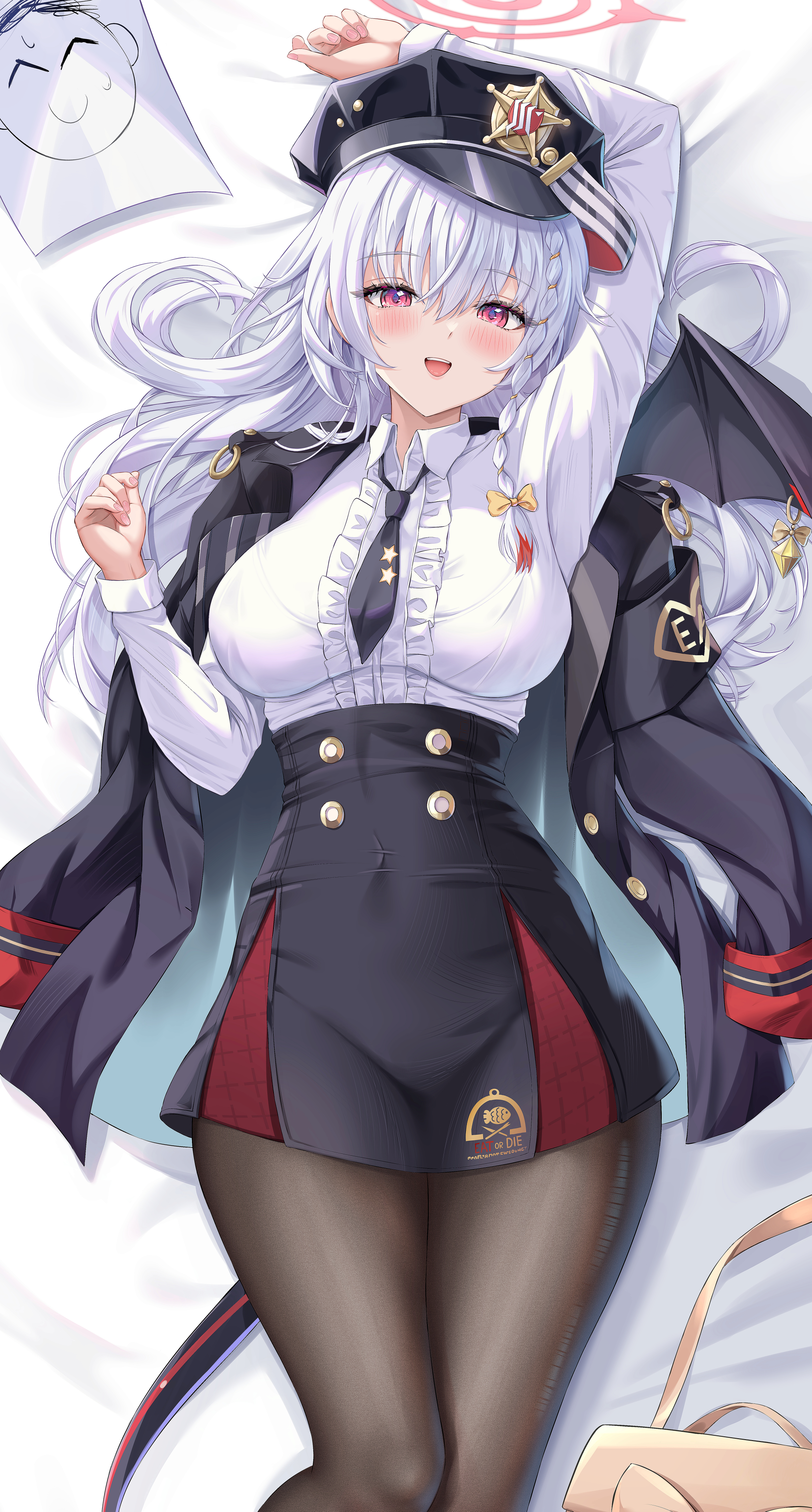 dokimaru, doodle sensei (blue archive), haruna (blue archive), sensei (blue archive), blue archive, absurdres, highres, 1girl, arm up, black hat, black jacket, black necktie, black pantyhose, black skirt, black wings, braid, breasts, center frills, collared shirt, covered navel, dakimakura (medium), frills, halo, hand up, hat, jacket, large breasts, long sleeves, looking at viewer, lying, military hat, necktie, on back, open mouth, pantyhose, pink eyes, shirt, skirt, smile, solo, tail, teeth, upper teeth only, white hair, white shirt, wings