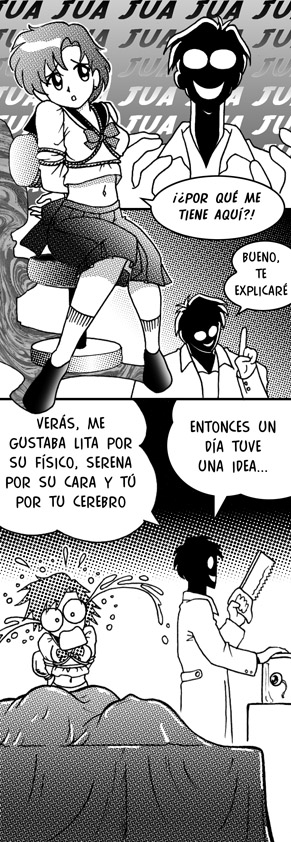 david cardenas, mizuno ami, sailor moon, bad tag, spanish, long image, tall image, translated, comic, monochrome, navel, parody, ribbon, school uniform, scientist, short hair, skirt