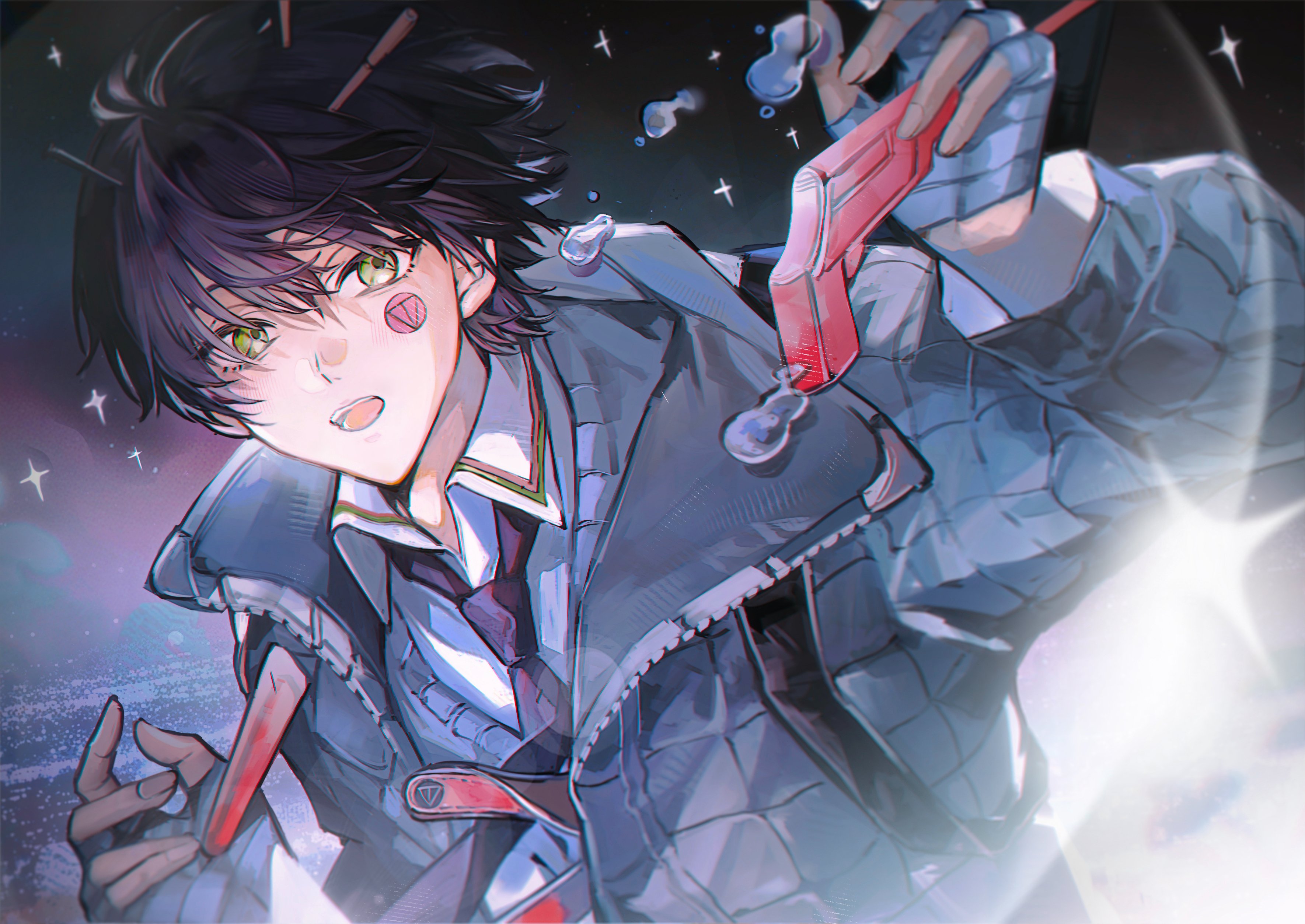 tsuta1218, kenmochi touya, nijisanji, yuurei tokyo (vocaloid), absurdres, highres, revision, 1boy, bandaged hand, bandages, collared shirt, facial mark, jacket, light blush, long sleeves, looking at viewer, male focus, necktie, open mouth, purple hair, shirt, short hair, solo, upper body, virtual youtuber, yellow eyes