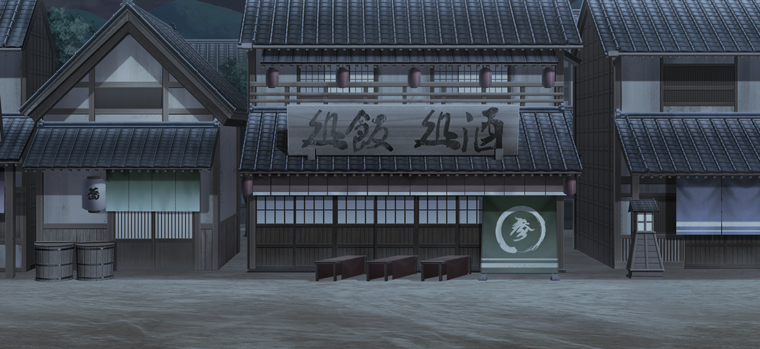 touhou, touhou gensou eclipse, game cg, non-web source, official art, translation request, architecture, building, east asian architecture, human village (touhou), lantern, night, no humans, outdoors, paper lantern, scenery, sign, tile roof