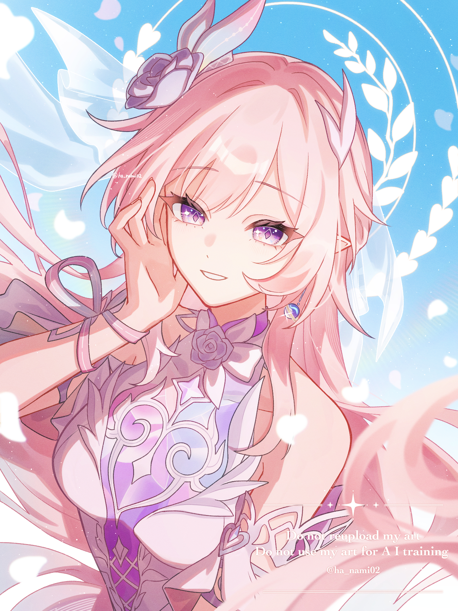 hana (nemukunai87), cyrene (honkai: star rail), cyrene (ripples of past reverie) (honkai: star rail), honkai: star rail, honkai (series), commentary request, highres, 1girl, bare shoulders, blue sky, diamond-shaped pupils, diamond (shape), dress, earrings, flower, halo, jewelry, long hair, pink hair, pointy ears, purple eyes, purple flower, purple rose, rose, sky, smile, solo, symbol-shaped pupils, twitter username, very long hair, white dress