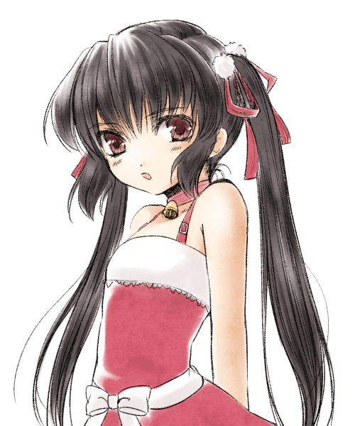 jyuru, kooh (pangya), pangya, bare shoulders, bell, black hair, brown eyes, christmas, collar, flat chest, hair ribbon, long hair, neck bell, open mouth, ribbon, santa costume, simple background, solo, twintails