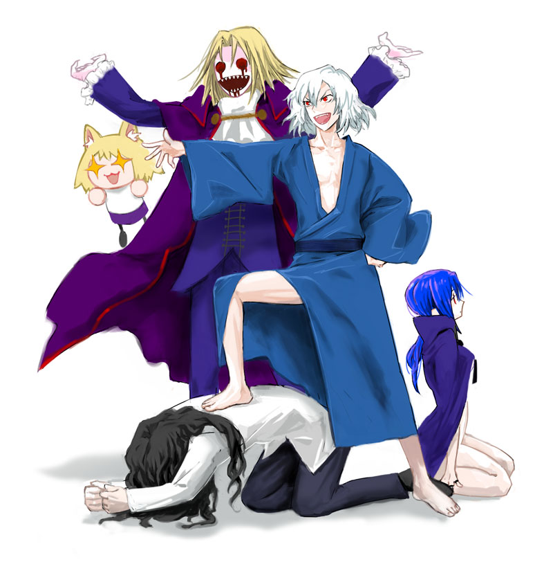 kuroi nyan, ciel (tsukihime), elesia, michael roa valdamjong, neco-arc, night of wallachia, roa-ciel, tohno shiki (2), melty blood, tsukihime, 00s, 2girls, 3boys, barefoot, blood, corruption, dark persona, multiple boys, multiple girls, possessed, possession, prostration