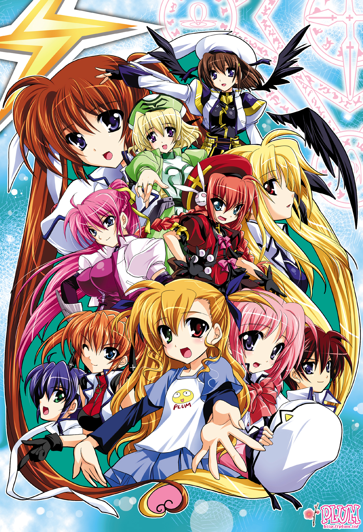 kanna (plum), caro ru lushe, erio mondial, fate testarossa, klarwind, shamal, signum, subaru nakajima, takamachi nanoha, teana lanster, vita (nanoha), vivio, yagami hayate, lyrical nanoha, mahou shoujo lyrical nanoha, mahou shoujo lyrical nanoha strikers, uniform, bad id, bad pixiv id, highres, 00s, 1boy, 6+girls, :o, beret, black wings, blonde hair, blue dress, blue eyes, blush, braid, brown hair, dress, hat, long sleeves, looking at viewer, magic circle, magical boy, magical girl, multiple girls, open mouth, pink hair, ponytail, red eyes, short hair, sidelocks, spread fingers, tareme, twin braids, twintails, wings