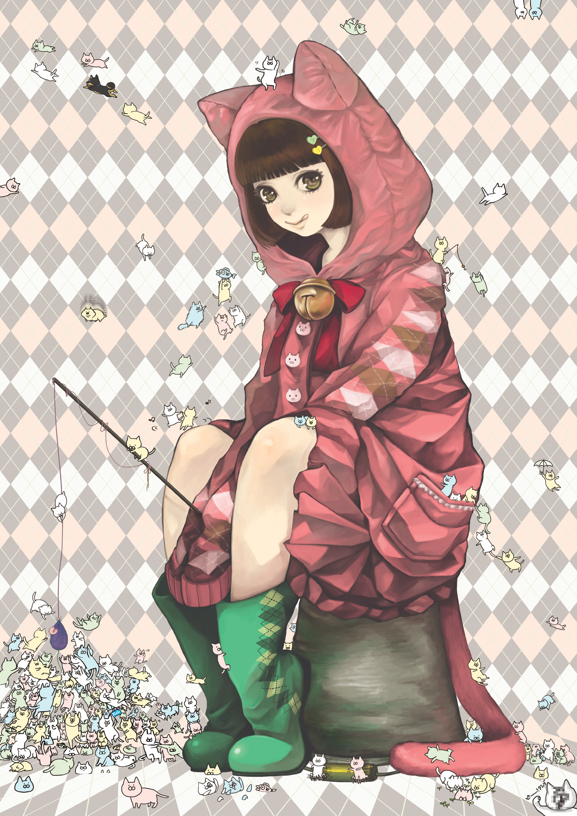 noja, minimized, absurdres, highres, 1girl, :q, animal, animal hood, argyle background, argyle clothes, bell, boots, brown eyes, brown hair, cat, cat hood, cat teaser, costume, dog, female focus, fishing rod, green boots, green eyes, hair ornament, hairclip, hairpin, hood, jacket, oversized clothes, ribbon, rubber boots, short hair, sitting, skirt, smile, solo, tail, tongue, tongue out, too many, too many cats