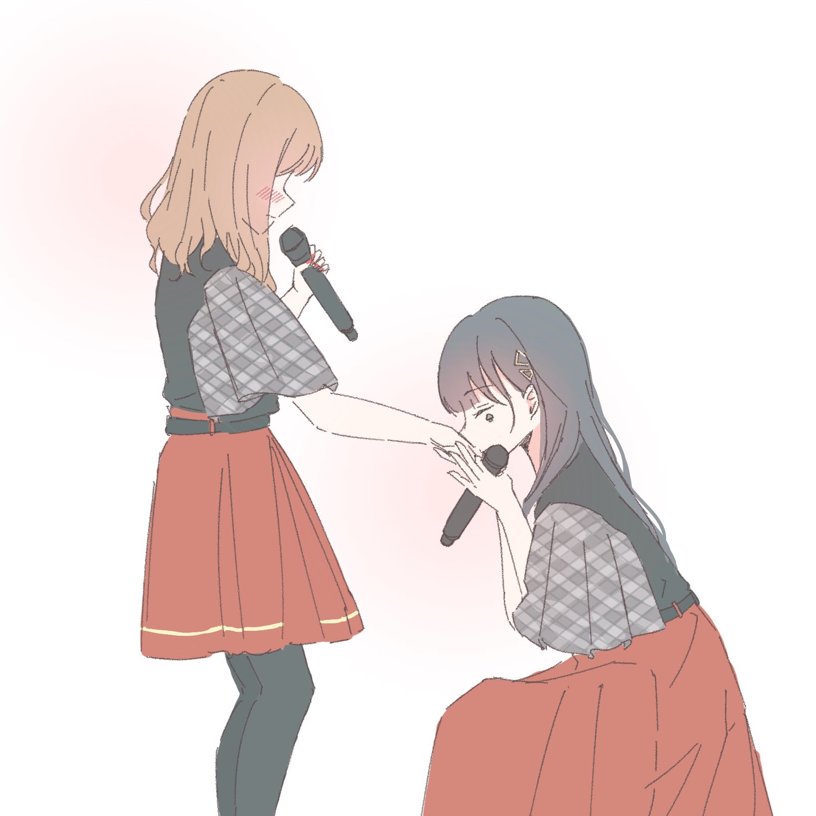 iroha (nami3), shindou amane, link! like! love live!, love live!, real life, commentary, hashtag-only commentary, highres, 2girls, animification, black hair, black pantyhose, black shirt, blush, brown hair, brown skirt, closed eyes, edel note, grey sleeves, hair ornament, holding, holding microphone, kiss, kissing hand, long hair, medium skirt, microphone, miyake miu, multiple girls, on one knee, pantyhose, pleated skirt, profile, shirt, skirt, triangle hair ornament, voice actor, yuri