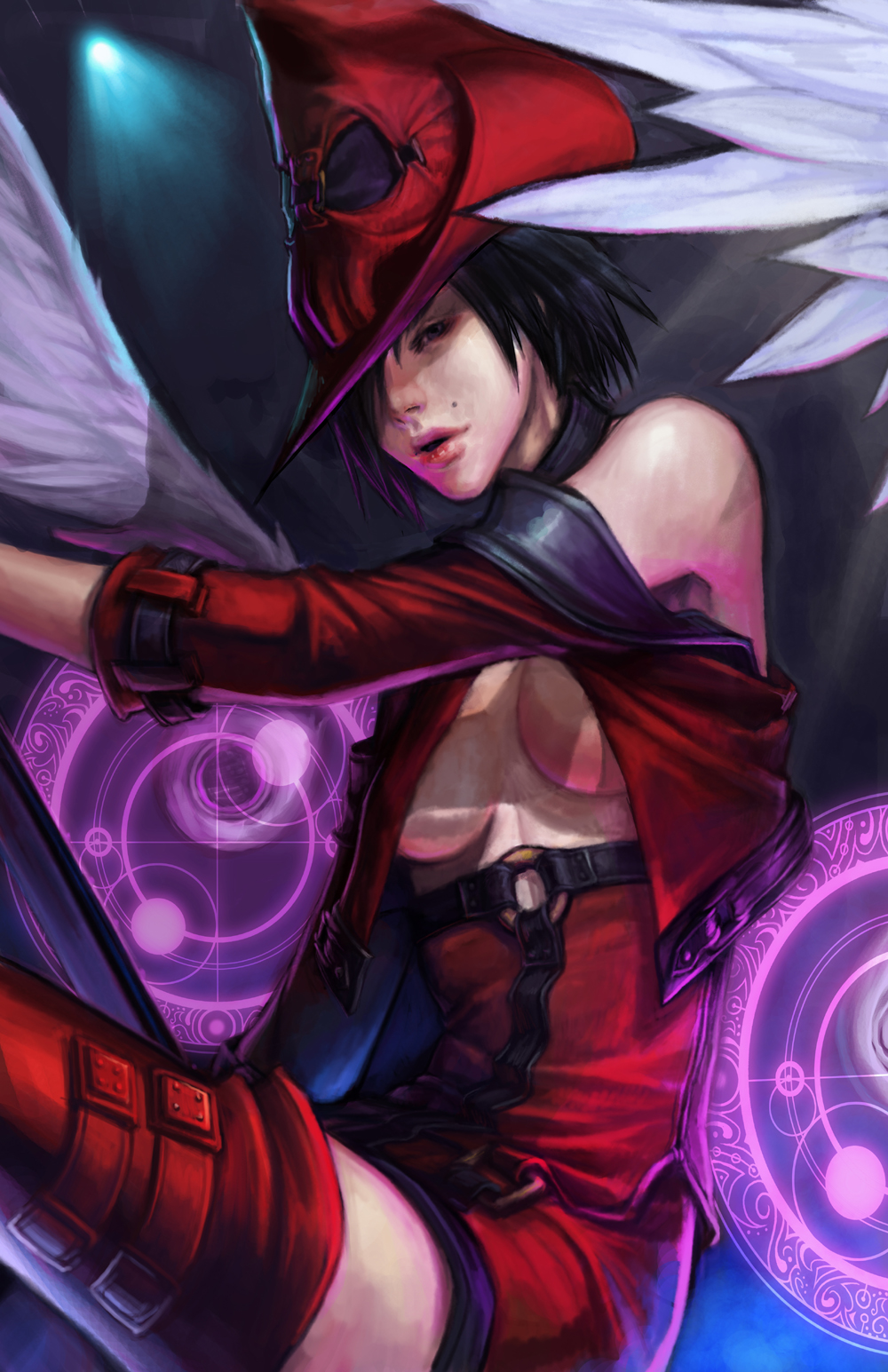 noa ikeda, i-no, arc system works, guilty gear, highres, 1girl, angel wings, bare shoulders, black hair, boots, breasts, cleavage, female focus, grey eyes, hat, jacket, leather, leather jacket, lips, magic circle, mole, open mouth, realistic, red boots, red hat, red thighhighs, short hair, solo, spotlight, thighhighs, underboob, wings, witch, witch hat