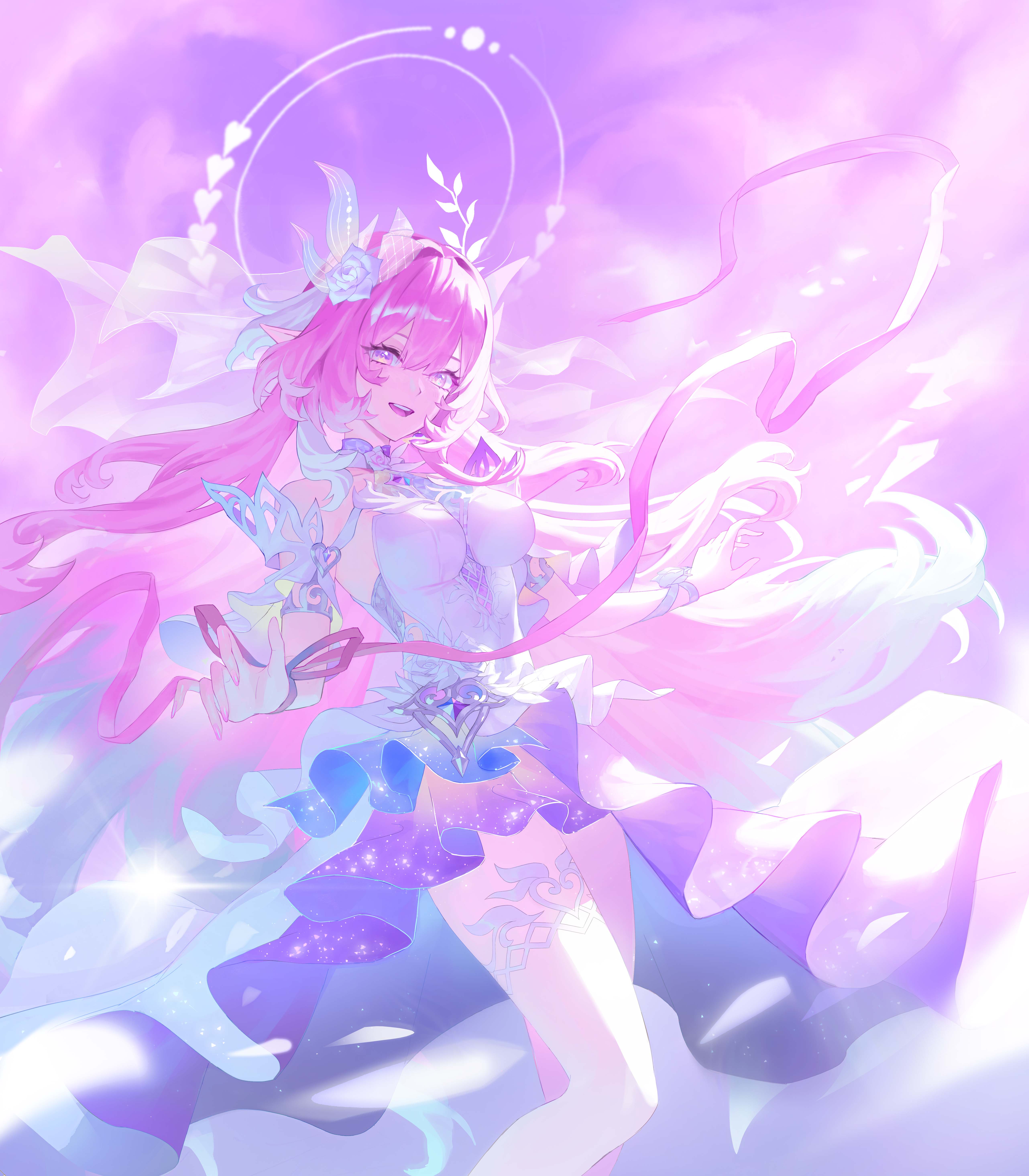 cyrene (honkai: star rail), cyrene (ripples of past reverie) (honkai: star rail), honkai: star rail, honkai (series), absurdres, commentary, highres, 1girl, armlet, bare shoulders, breasts, bridal veil, colored tips, dress, feet out of frame, fingernails, flower, hair between eyes, hair flower, hair intakes, hair ornament, halo, halo behind head, jewelry, large breasts, long hair, looking at viewer, multicolored hair, nail polish, open mouth, pink hair, pink nails, pointy ears, purple eyes, purple flower, purple rose, purple sky, rose, shum, sidelocks, sky, smile, solo, thighs, veil, very long hair, white dress, white veil