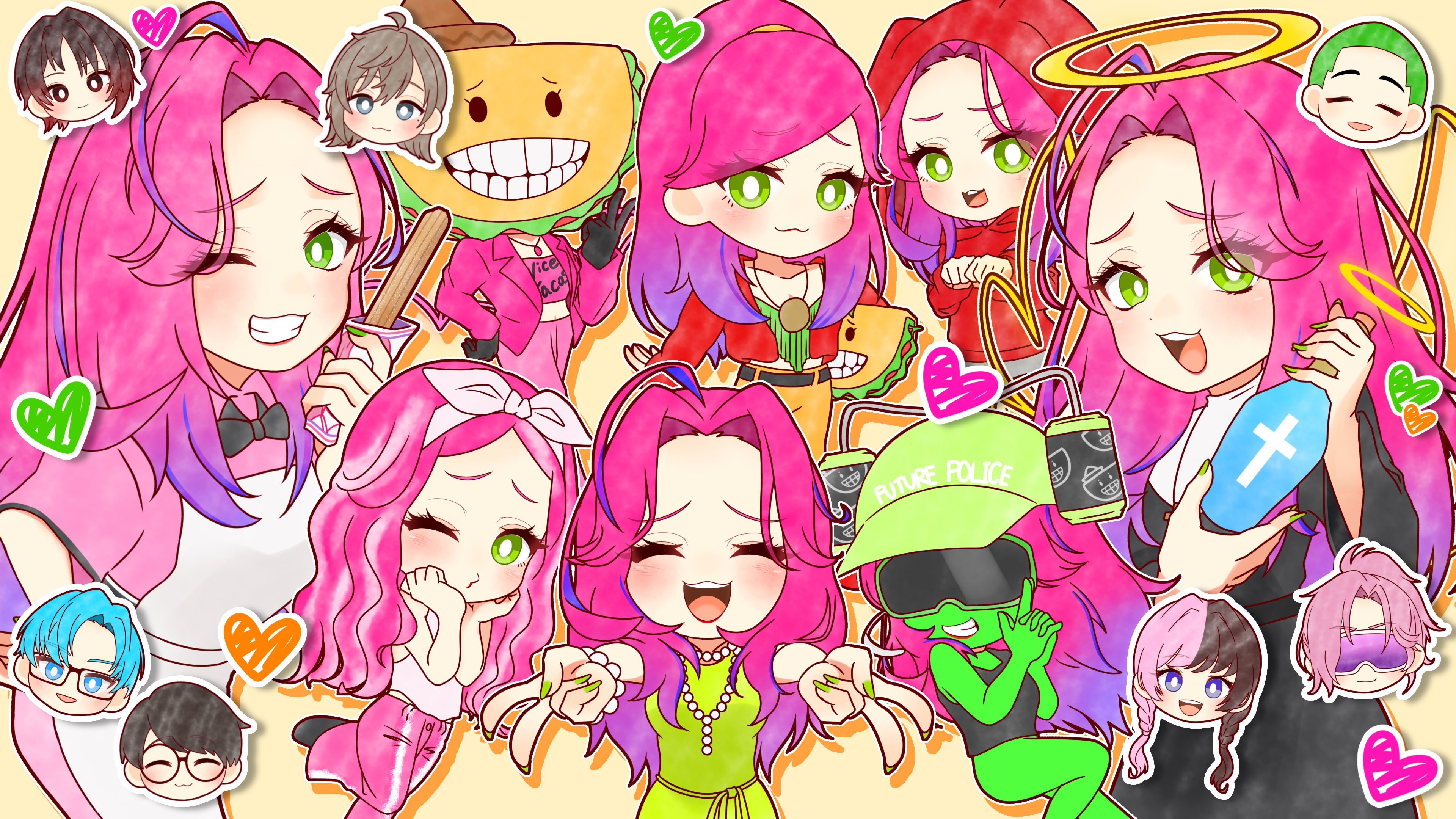 ringo 21 a, kanae (nijisanji), nijisanji, vspo!, absurdres, character request, commentary request, copyright request, highres, 4boys, 4girls, :3, ahoge, apron, black dress, blush, closed eyes, closed mouth, colored skin, dress, goggles, green dress, green eyes, green skin, halo, heart, kisaragi ren (vspo!), long hair, looking at viewer, multiple boys, multiple girls, multiple views, nun, pink dress, pink hair, taco, white apron, yellow halo