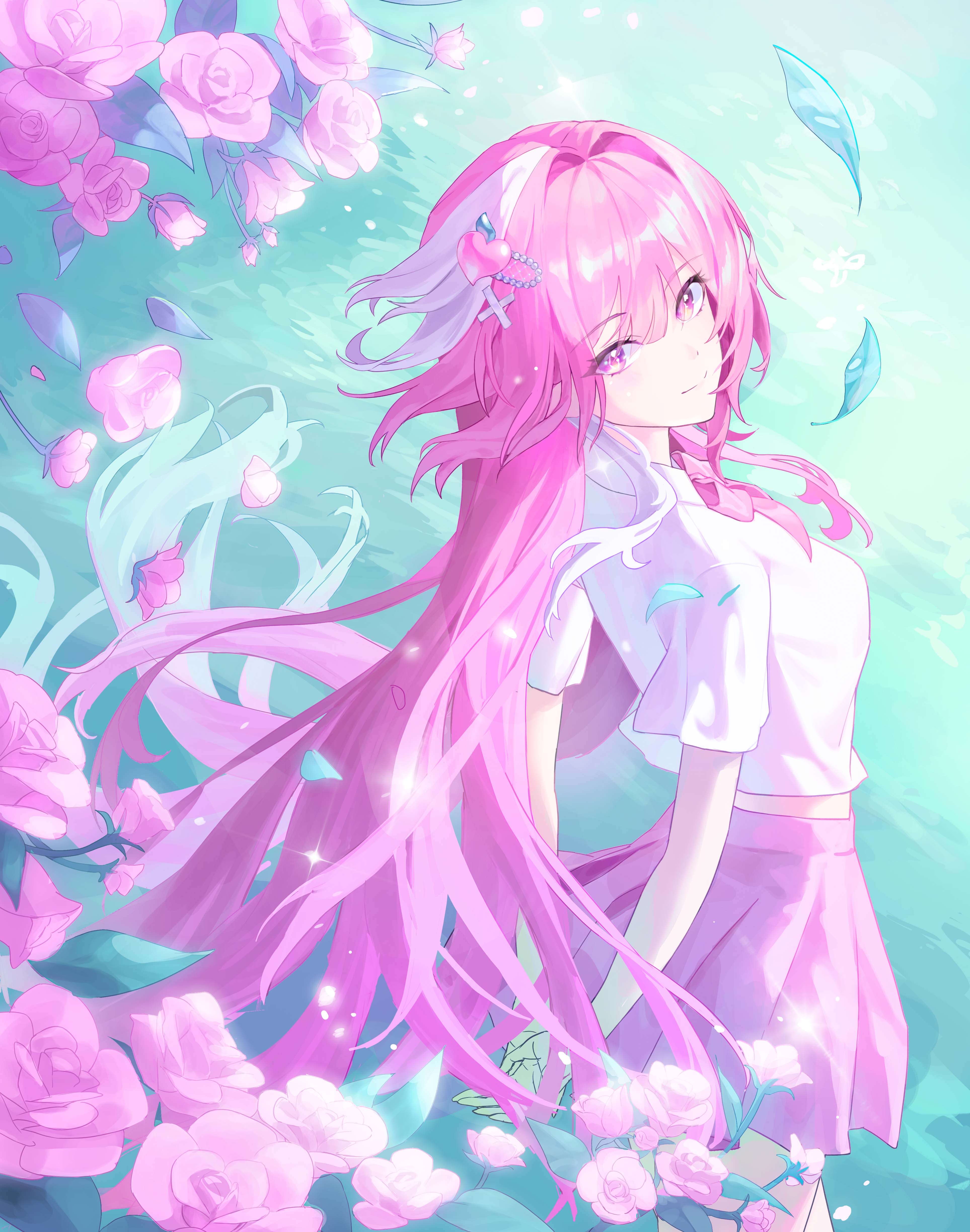 cyrene (honkai: star rail), cyrene (ripples of past reverie) (honkai: star rail), honkai: star rail, honkai (series), absurdres, commentary, highres, 1girl, arms behind back, bow, bowtie, breasts, closed mouth, crop top, diamond-shaped pupils, diamond (shape), flower, from side, hair ornament, heart, heart hair ornament, long hair, looking at viewer, looking to the side, medium breasts, pink bow, pink bowtie, pink hair, pink skirt, purple eyes, purple flower, purple rose, rose, school uniform, shirt, shum, skirt, smile, solo, symbol-shaped pupils, very long hair, white shirt