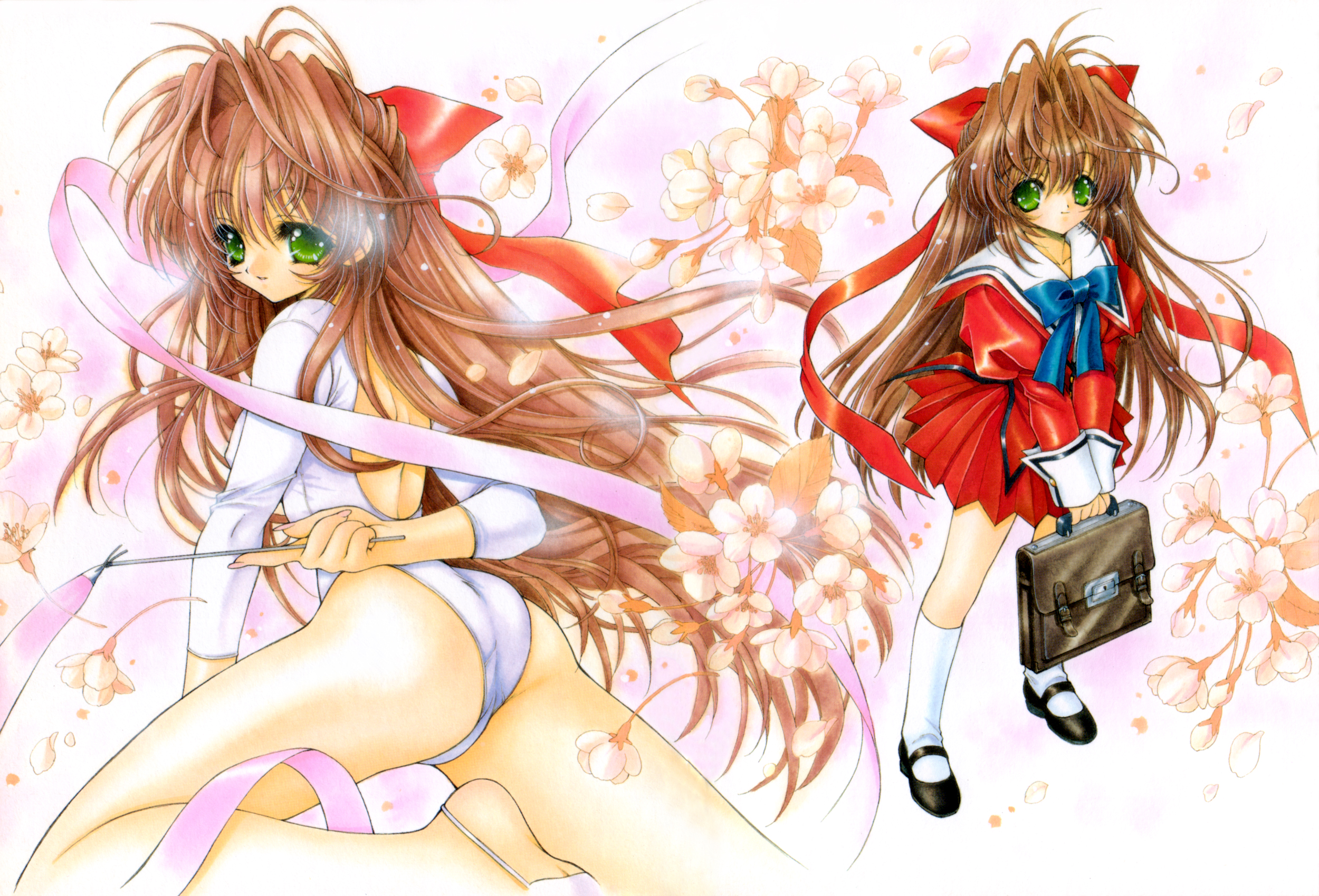 ramiya ryou, amano sachika, highres, ass, brown hair, green eyes, gymnastics, kneehighs, leotard, long hair, rhythmic gymnastics, ribbon, ribbon baton, school uniform, socks