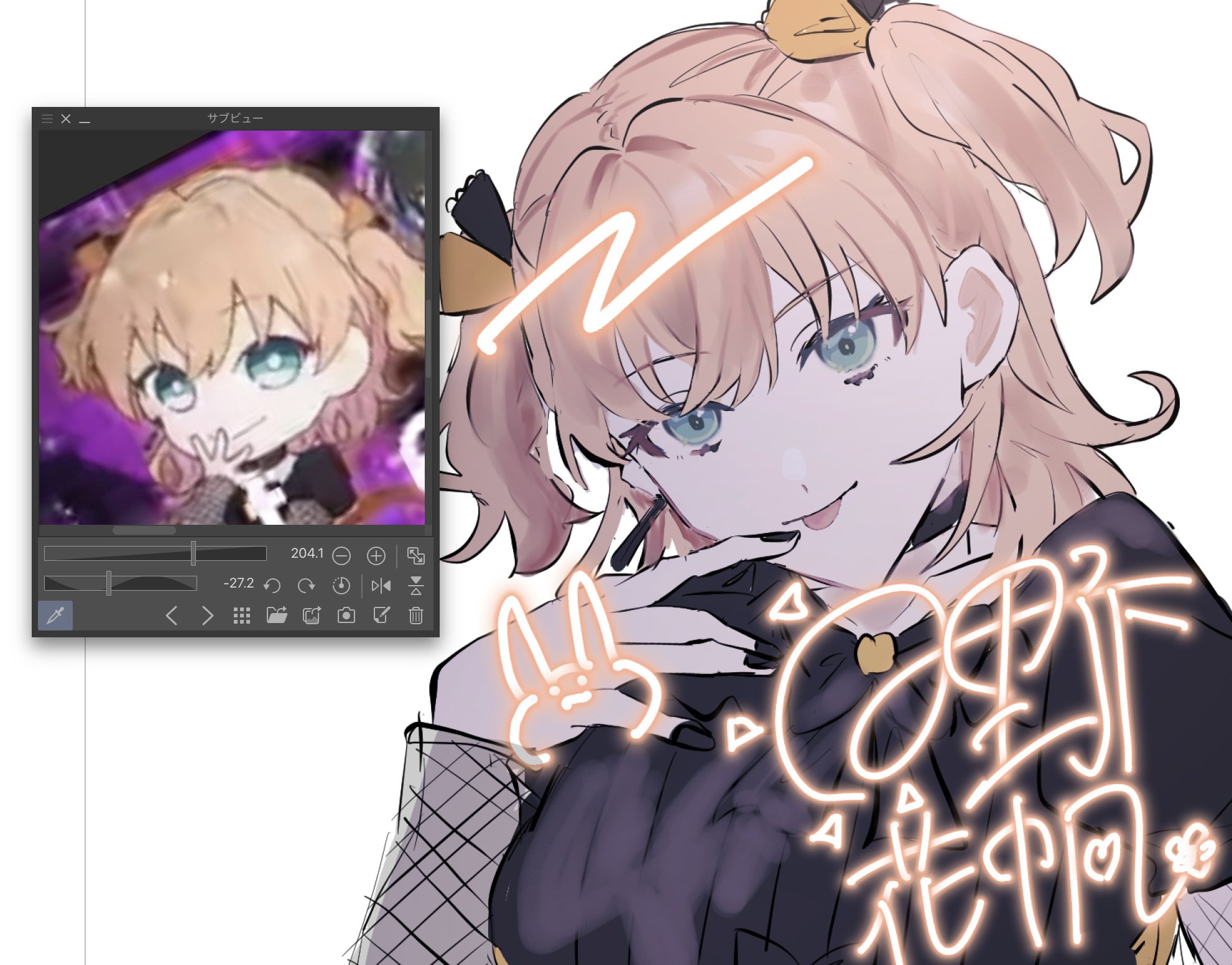 zuisetsu, hinoshita kaho, link! like! love live!, love live!, commentary, highres, 1girl, :p, aqua eyes, art program in frame, black dress, black nails, character signature, crossed bangs, dress, fishnet sleeves, fishnets, long sleeves, looking at viewer, medium hair, new black (love live!), official alternate costume, orange hair, reference inset, solo, tongue, tongue out, two side up, virtual youtuber