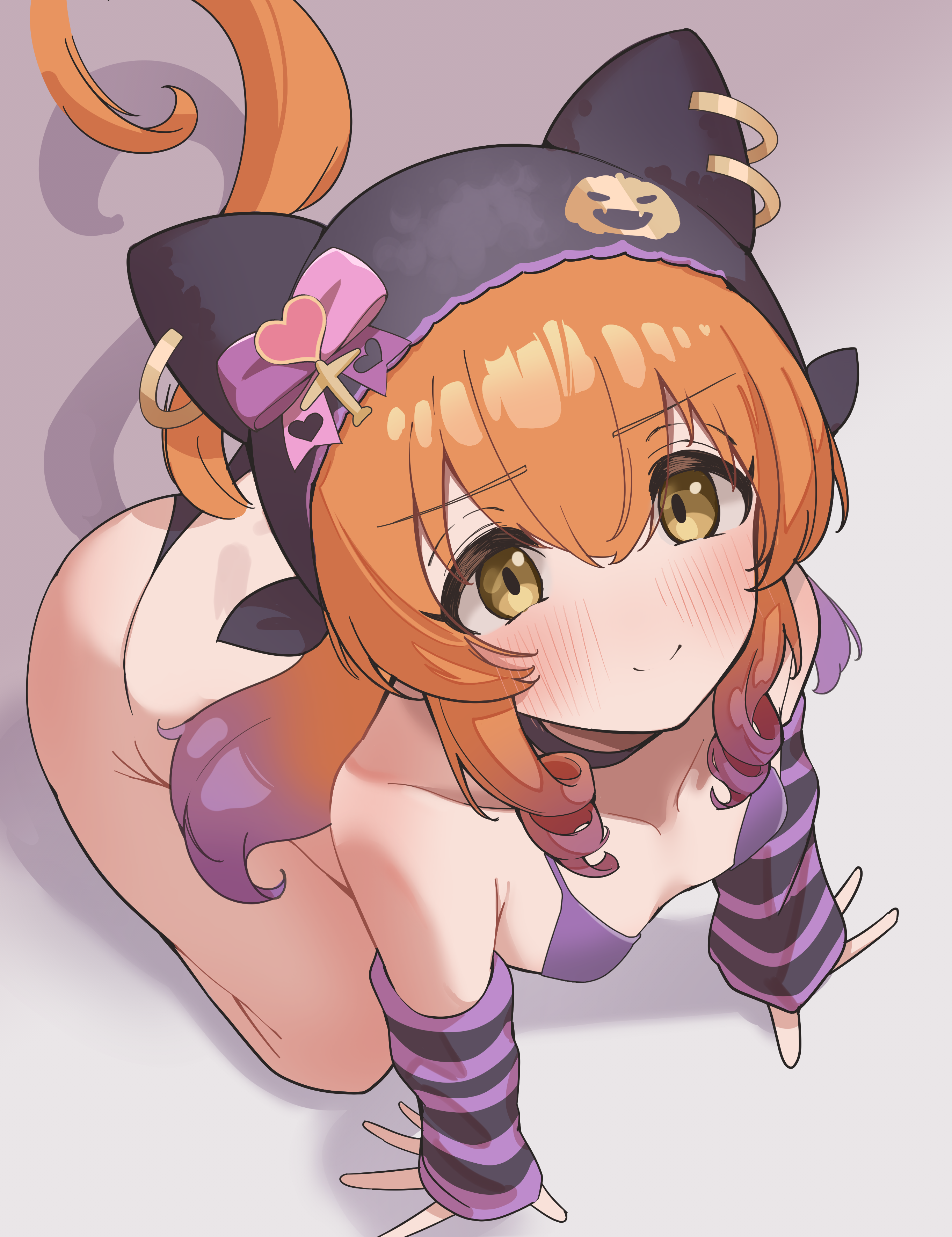 mayano top gun (rockin' mewmeow) (umamusume), mayano top gun (umamusume), umamusume, absurdres, commentary request, highres, 1girl, all fours, bikini, black hat, black panties, blush, breasts, closed mouth, collarbone, detached sleeves, halloween, hat, horse tail, long hair, mugichazuki, orange hair, panties, purple bikini, purple sleeves, shadow, small breasts, smile, solo, striped sleeves, swimsuit, tail, underwear