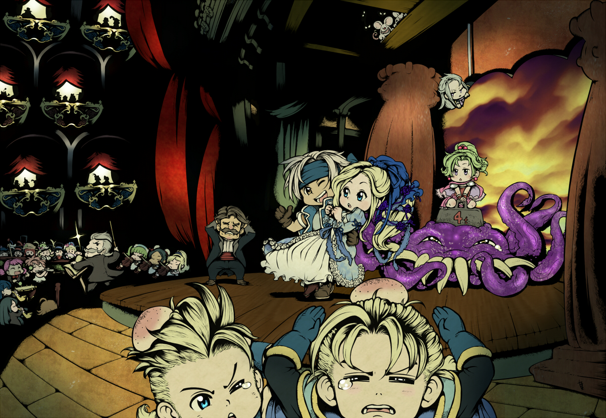 azito7, celes chere, edgar roni figaro, locke cole, sabin rene figaro, setzer gabbiani, tina branford, ultros, final fantasy, final fantasy vi, spoilers, 1990s (style), 6+boys, 6+girls, chibi, conductor, head bump, mouse (animal), multiple boys, multiple girls, octopus, opera, orchestra, retro artstyle, tears