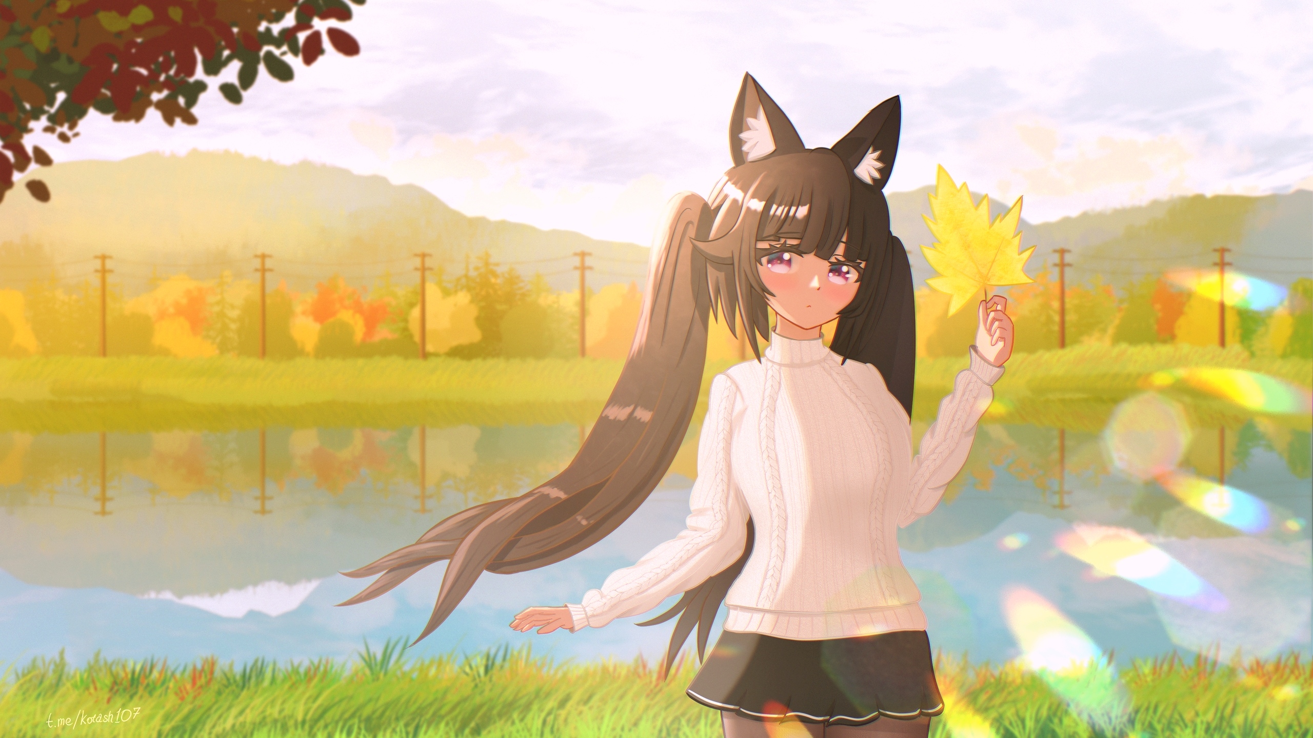 kotash, original, highres, 1girl, animal ears, autumn, autumn leaves, black hair, cat ears, cat girl, forest, grass, leaf, long hair, looking at viewer, mountain, multiple tails, nature, pantyhose, pond, purple eyes, river, solo, sweater, tail, two tails, white sweater