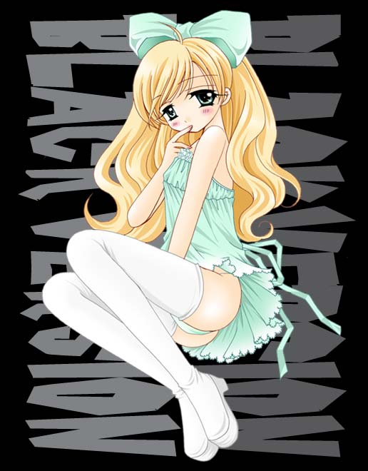 1girl, ass, blonde hair, blush, female focus, full body, green eyes, loli, panties, ribbon, socks, solo, underwear