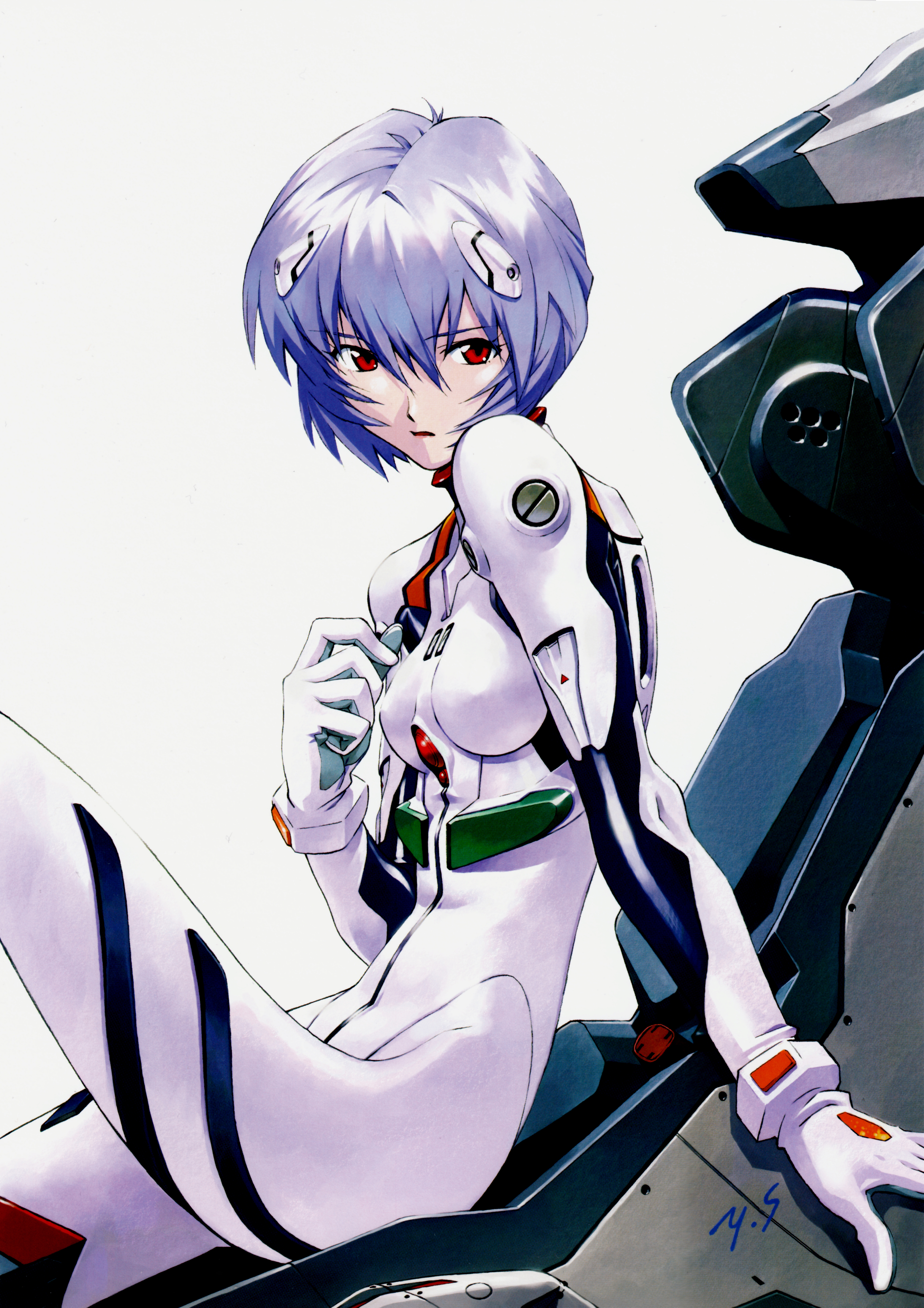sadamoto yoshiyuki, ayanami rei, neon genesis evangelion, absurdres, highres, scan, 1girl, blue hair, bodysuit, cockpit, entry plug, female focus, mecha pilot suit, pale skin, plugsuit (evangelion), red eyes, short hair, sitting, skin tight, solo