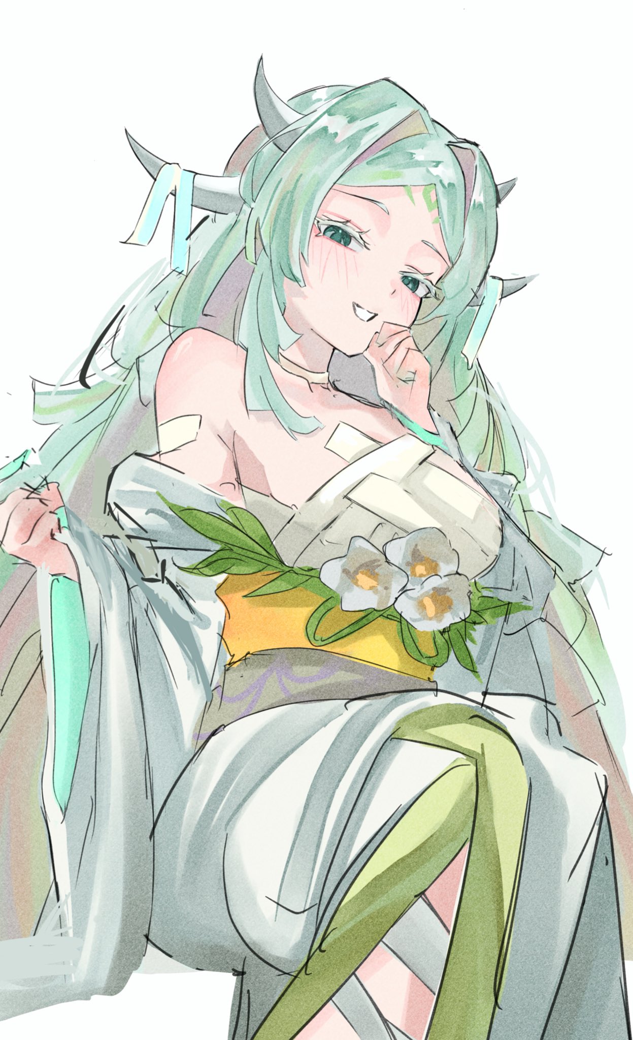 monster strike, highres, 1girl, bare shoulders, blush, breasts, choker, eyelashes, flower, from below, green hair, hand on own face, hrtan o, japanese clothes, kimono, long hair, nehan jakujo (monster strike), simple background, smile, solo