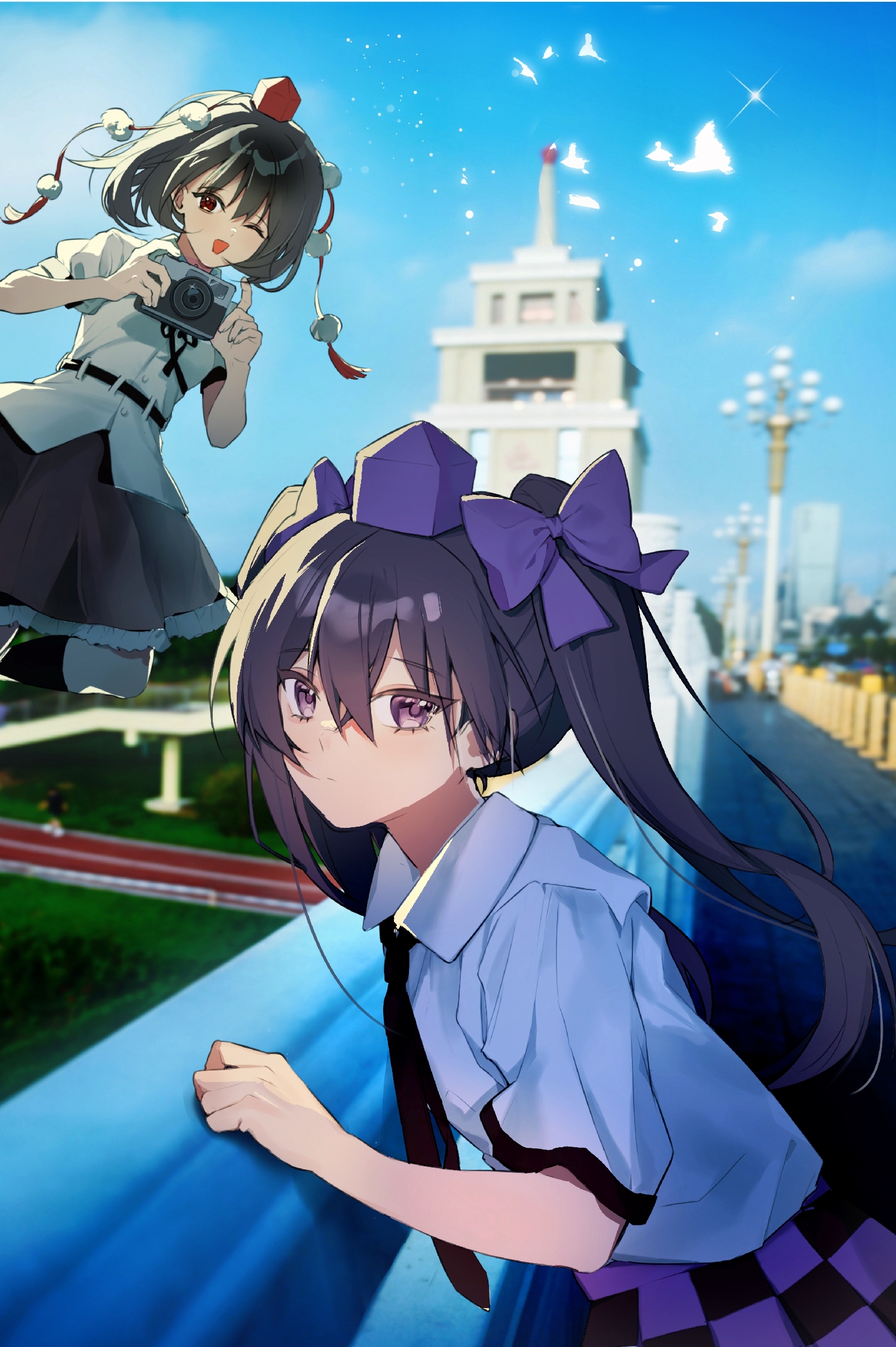iwakoo, himekaidou hatate, shameimaru aya, touhou, commentary request, highres, 2girls, black hair, black necktie, black skirt, blue sky, bow, brown hair, camera, checkered clothes, checkered skirt, china, closed mouth, collared shirt, expressionless, feet out of frame, hair between eyes, hair bow, hat, holding, holding camera, long hair, looking at viewer, multiple girls, necktie, one eye closed, open mouth, outdoors, pointy ears, pom pom (clothes), purple bow, purple eyes, purple hat, purple skirt, real world location, red eyes, red hat, shirt, short sleeves, skirt, sky, smile, taiyuan, tokin hat, twintails, white shirt