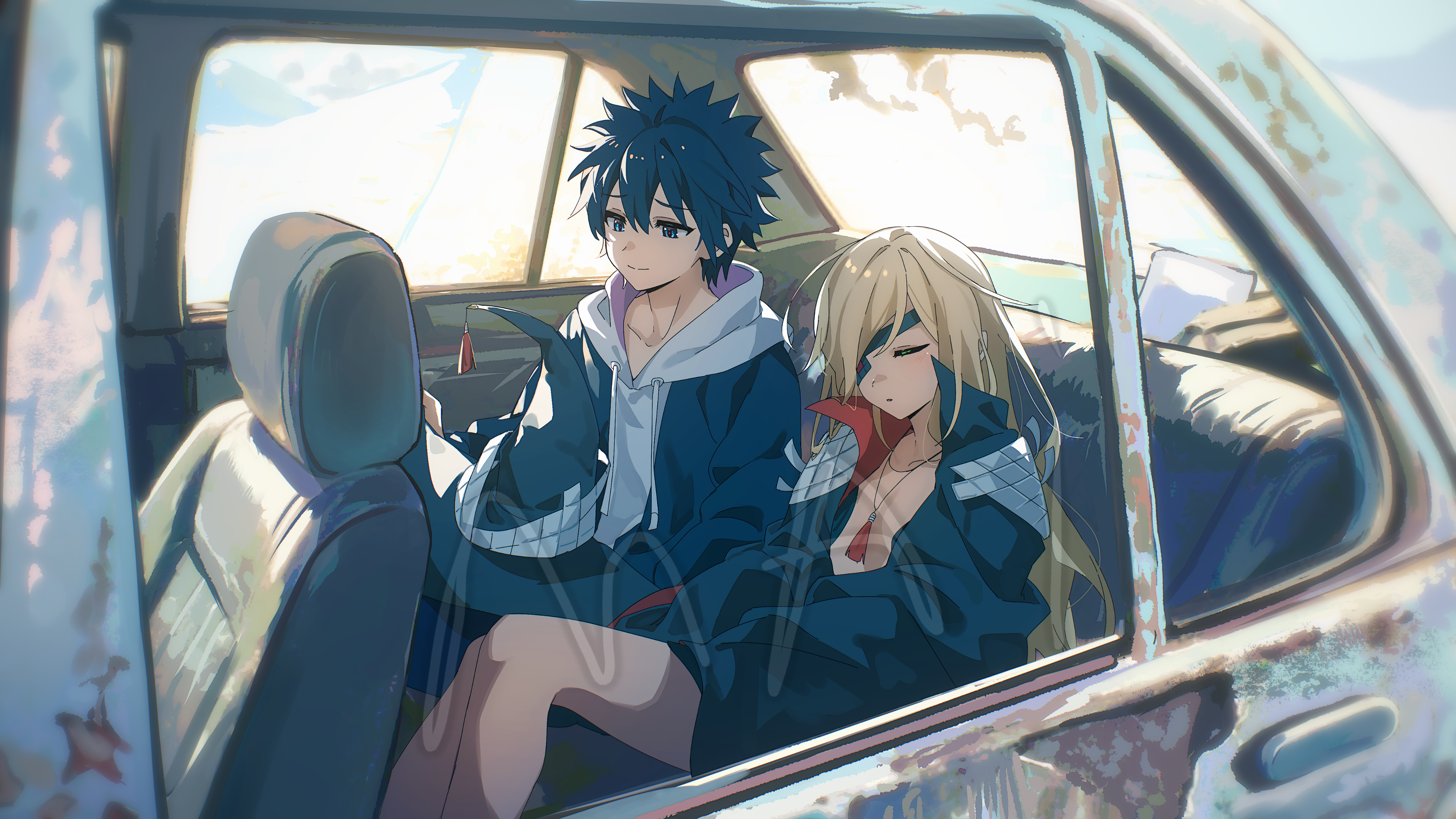 maisuiren, kamijou touma, othinus, toaru majutsu no index, toaru majutsu no index: new testament, absurdres, commentary request, highres, 1boy, 1girl, a certain high school uniform, black cape, black eyes, black hair, black hoodie, blonde hair, cape, car interior, eyepatch, hat, high collar, hood, hoodie, long hair, school uniform, short hair, sitting, sleeping, smile, spiked hair, winter uniform, witch hat