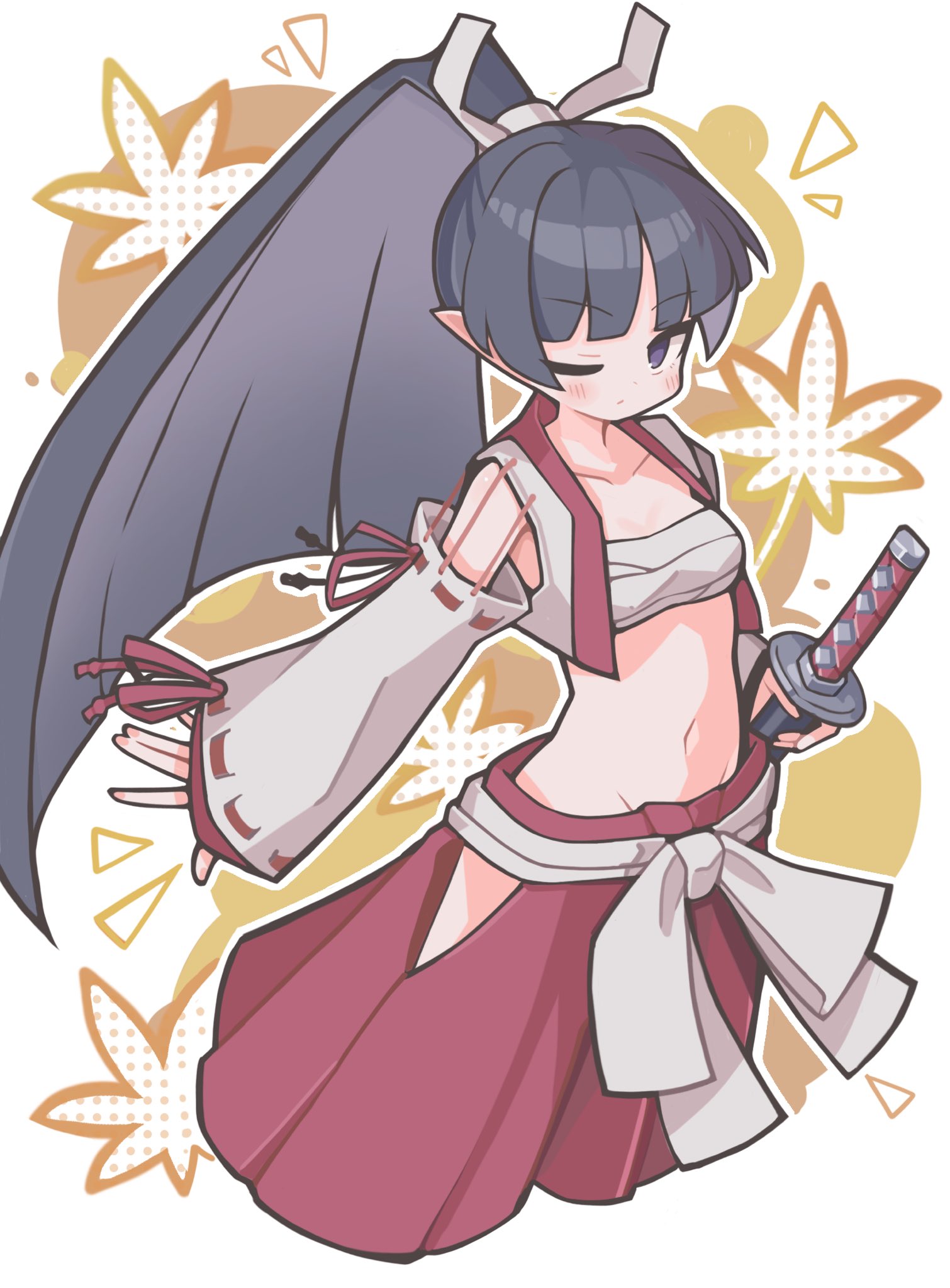 suaman, ponyta, ronin (disgaea), disgaea, commentary, highres, 1girl, black hair, blunt bangs, blunt ends, blush, chest sarashi, closed mouth, clothing cutout, collarbone, cropped legs, gen 1 pokemon, hair ribbon, hakama, hakama skirt, hip vent, japanese clothes, long hair, long sleeves, looking at viewer, navel, one eye closed, open clothes, open vest, outline, pointy ears, red hakama, red vest, ribbon, ribbon-trimmed sleeves, ribbon trim, sarashi, skirt, solo, vest, white outline, white ribbon, wide sleeves, yellow background